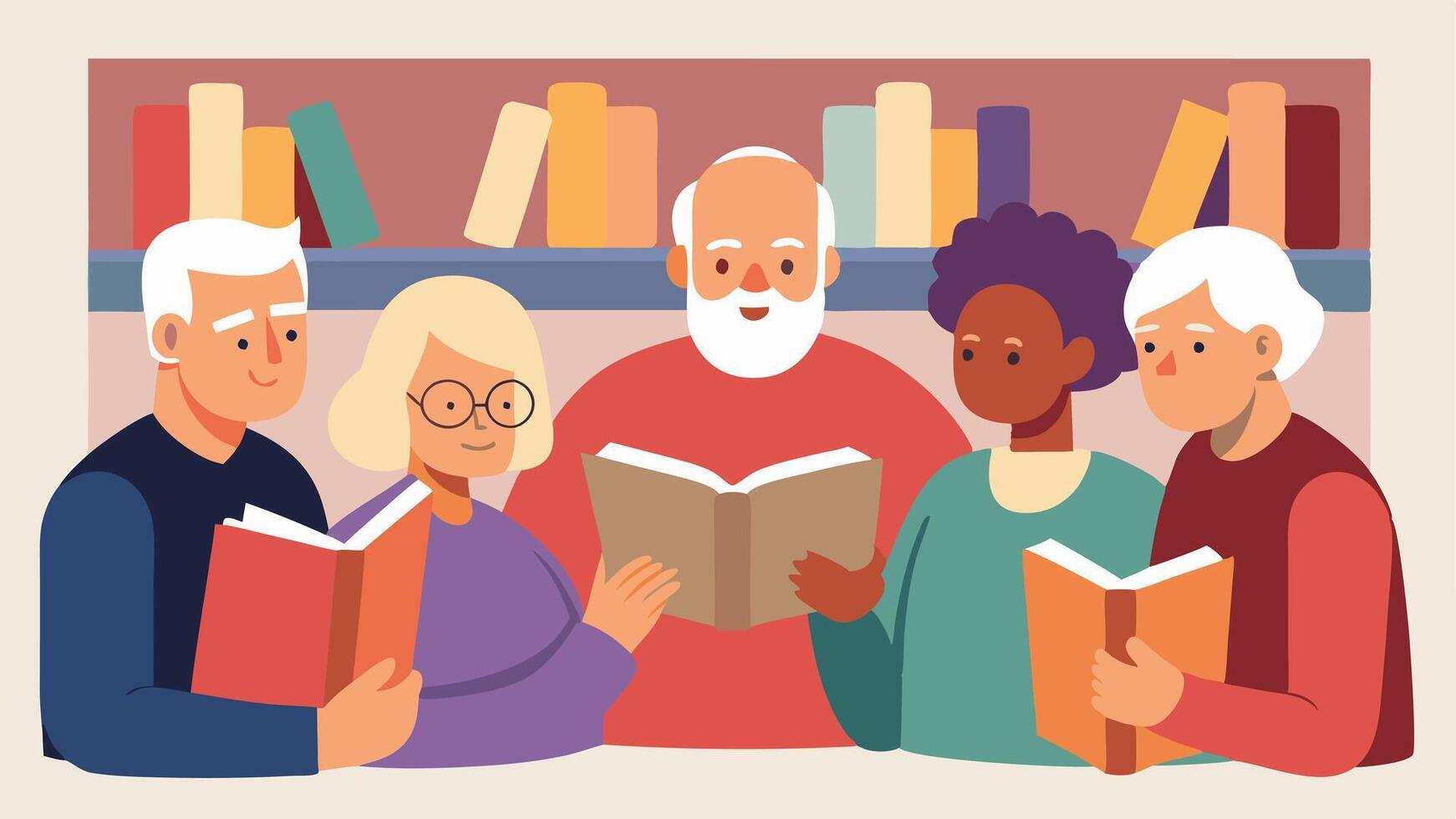 Book Club A group of seniors seated in a circle discussing a book theyve read. Some are holding books and sharing their thoughts with a cozy library background filled with. vector