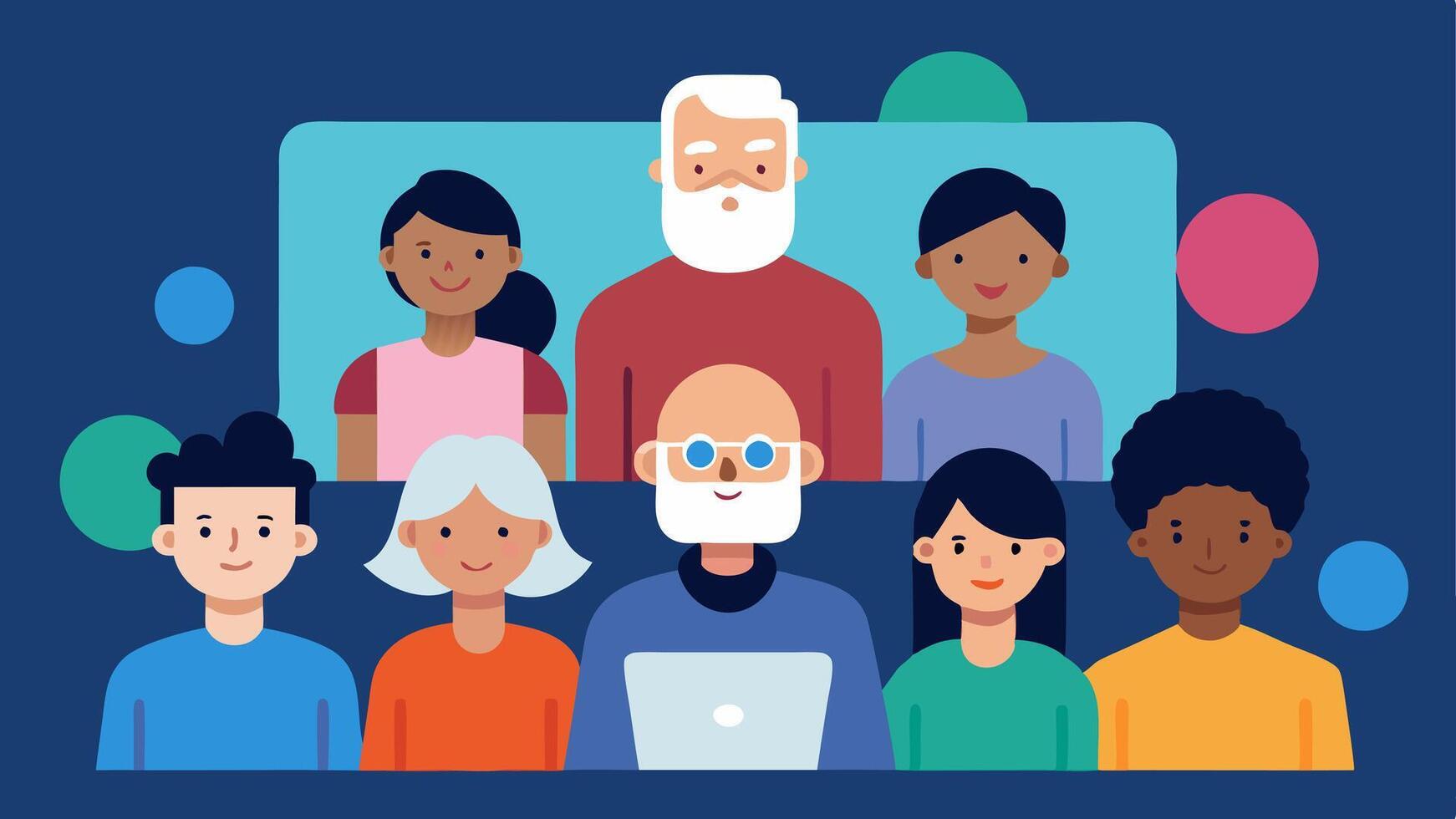 Diverse Audience Engagement An illustration depicting an audience that includes people of different ages abilities and backgrounds all interacting with a multimedia presentation.. vector
