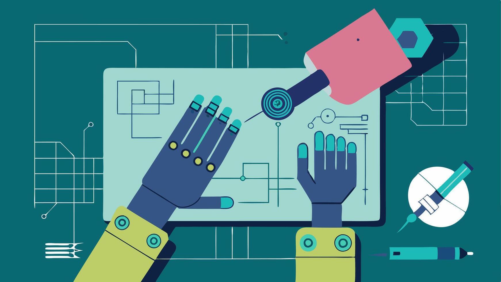 Circuit Drawing A bionic hand sketching intricate designs for circuitry on a drafting table surrounded by graphs and technical diagrams.. vector