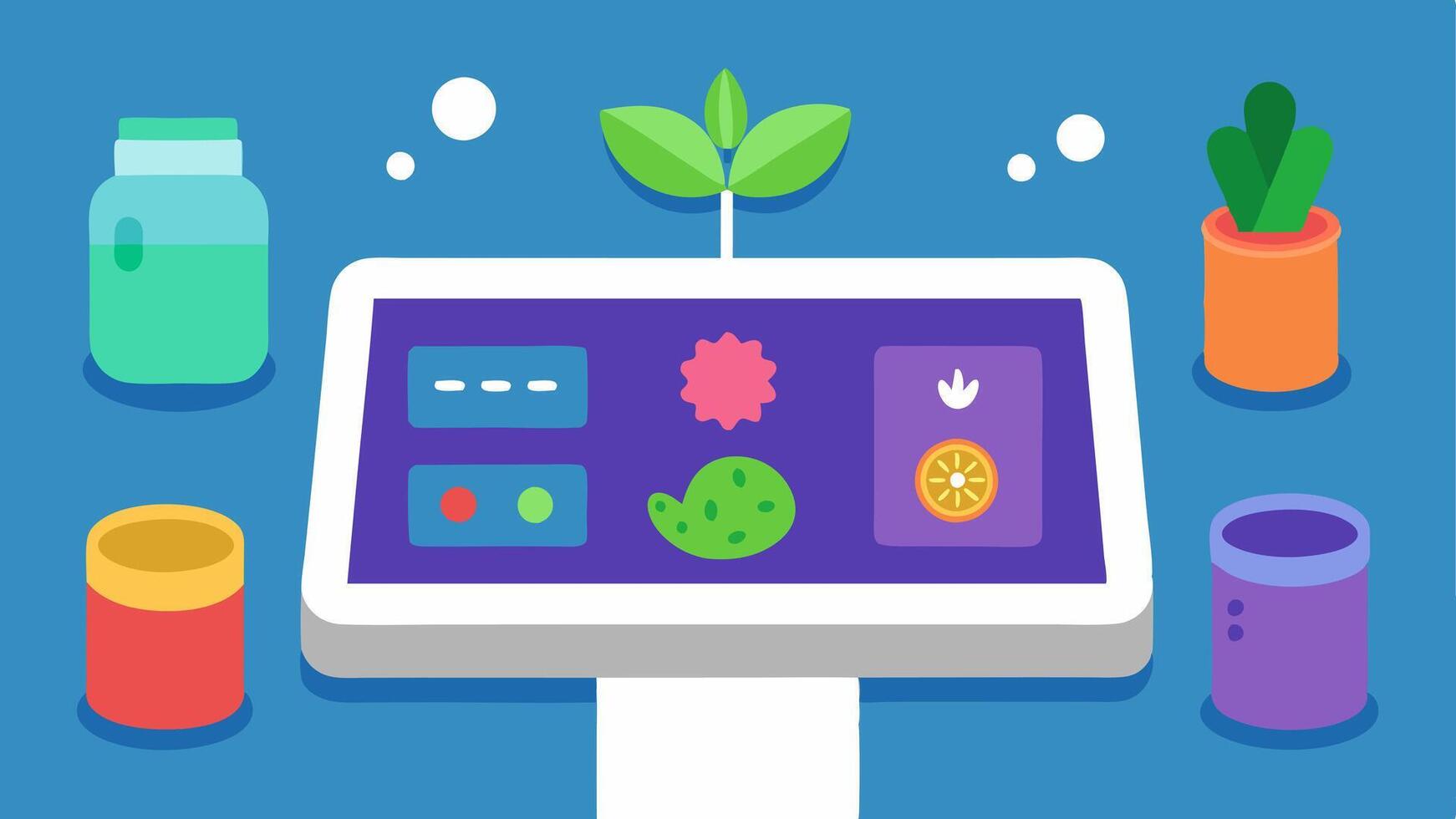 Childrens Discovery Station An interactive station with sensory elements like touch panels smell jars with nature scents and sound buttons encouraging exploration for children.. vector