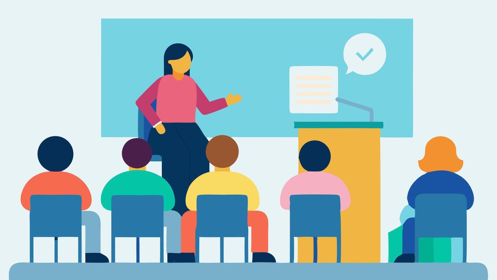 Educational Workshop A classroom scene depicting a speaker with a visual aid explaining disability rights to an engaged audience of different ages and abilities.. vector