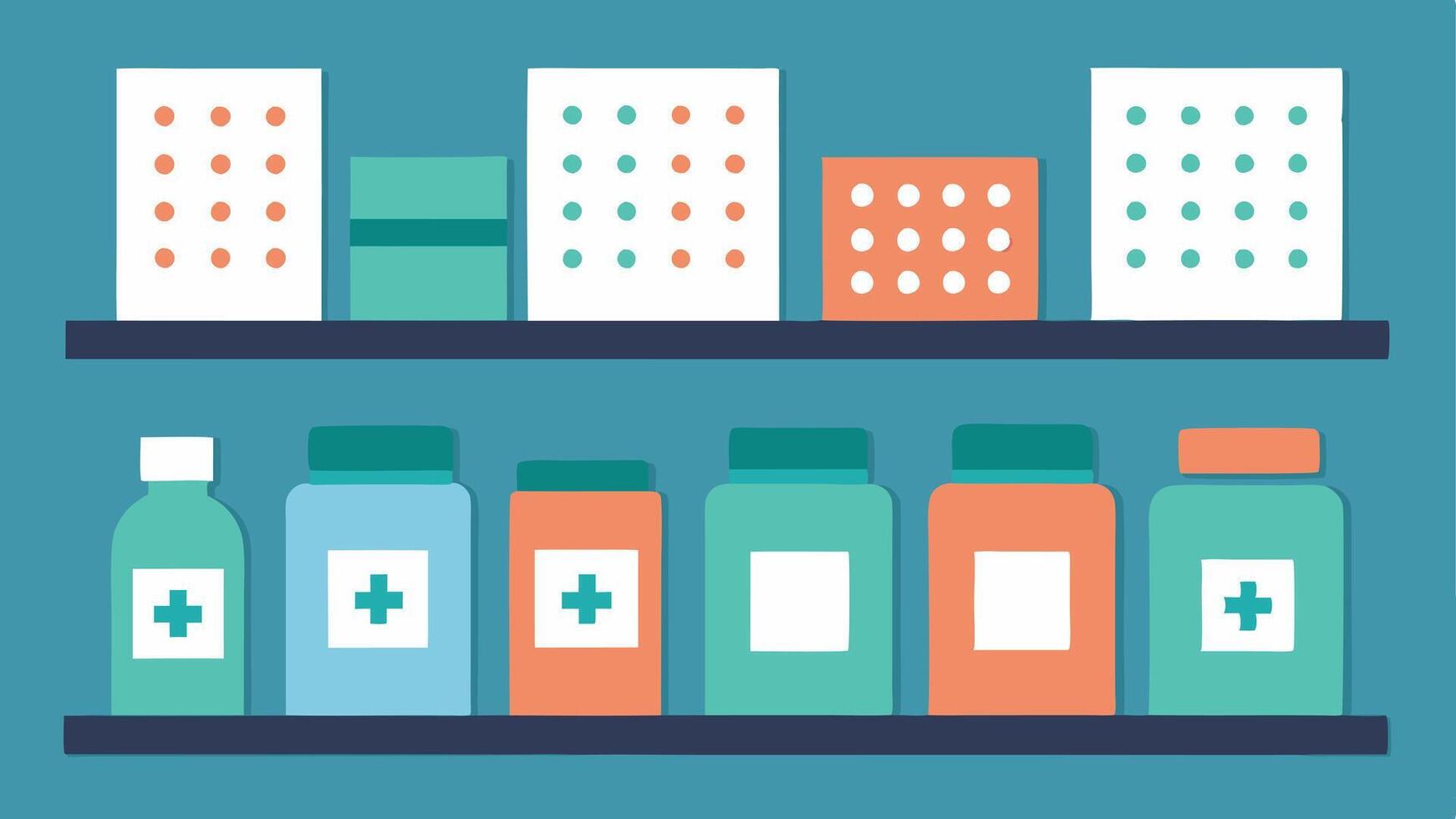 Braille Labels A closeup view of pharmacy shelves with Braille labels affixed to medication bottles illustrating the importance of tactile information for visually impaired. vector