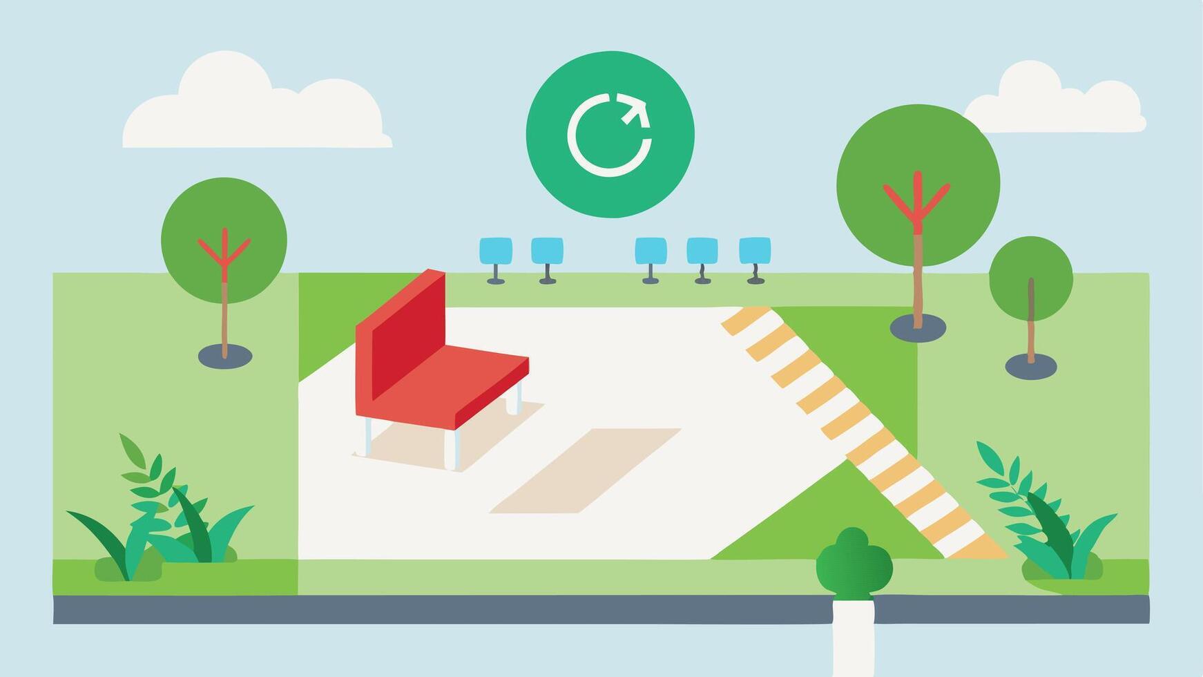 Accessible Rest Areas An event area with clearly marked rest spaces featuring seating designed for accessibility with a focus on comfort and mobility surrounded by greenery.. vector