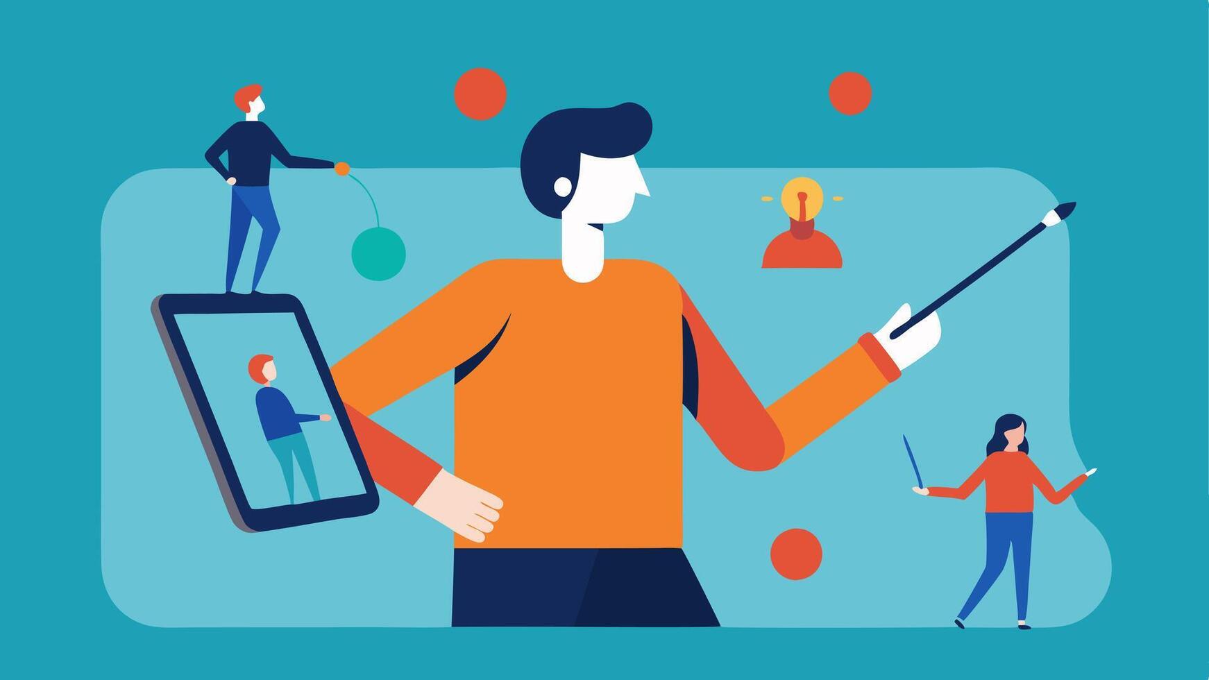 Environmental Adaptation An illustration of a person guiding a remote team through a project using a tablet with a stylus demonstrating adaptive strategies and tools for successful. vector