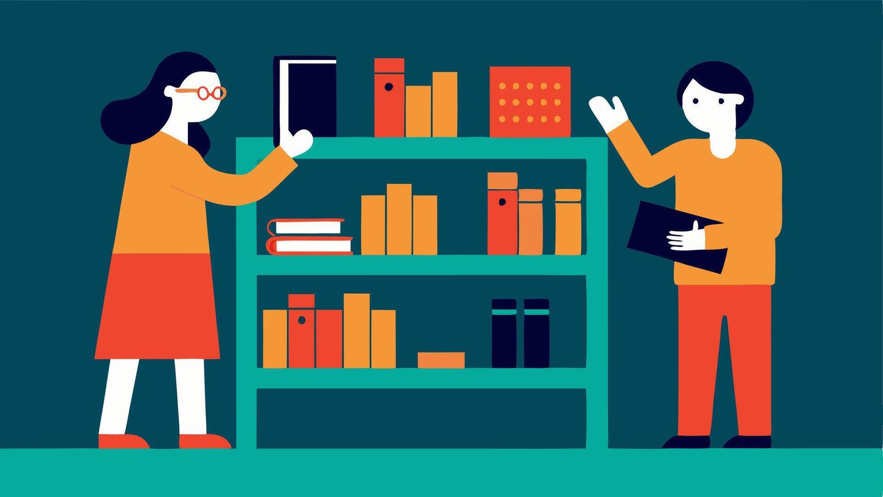 Braille Bookshelves An illustration of a shelf filled with Braille books with a visually impaired person using their fingers to read the text while another patron admires the. vector