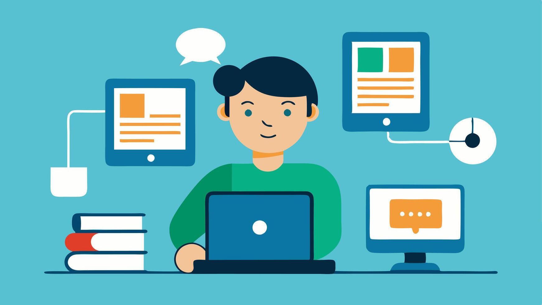 Assistive Technology Integration A learner using a hybrid model with devices like a laptop connected to screen reader software and a second monitor displaying accessible content. vector