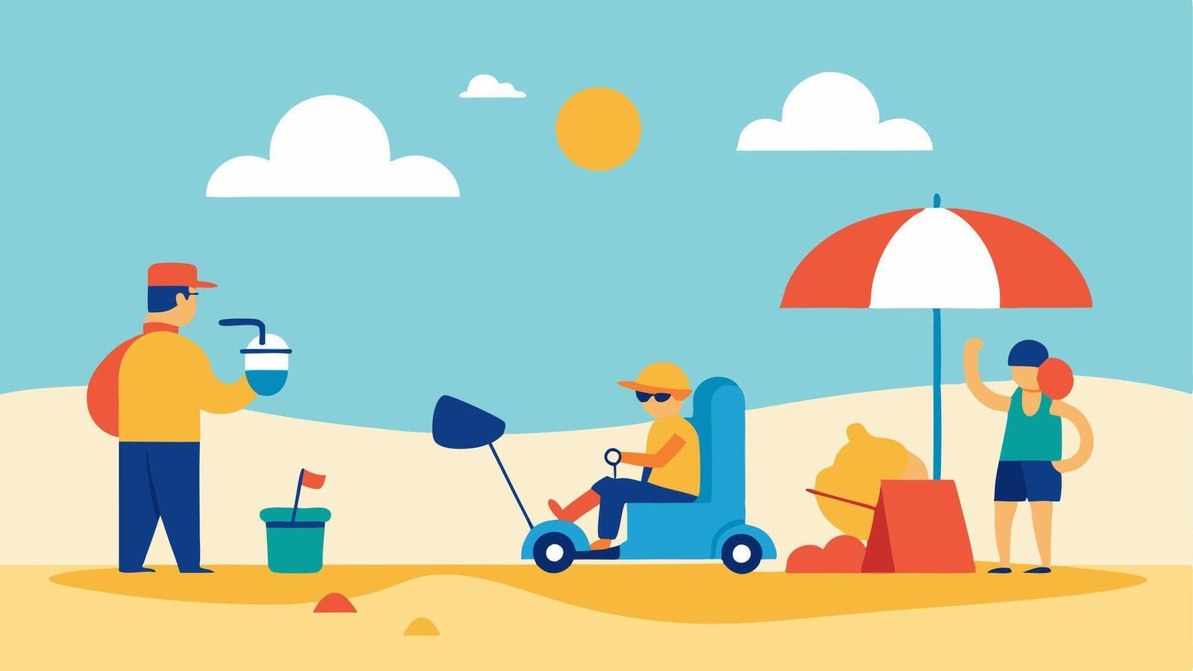 At the Beach A beach outing where a character with a mobility scooter chats with friends who are building sandcastles. Everyone is enjoying the sun and surf with beach umbrellas. vector