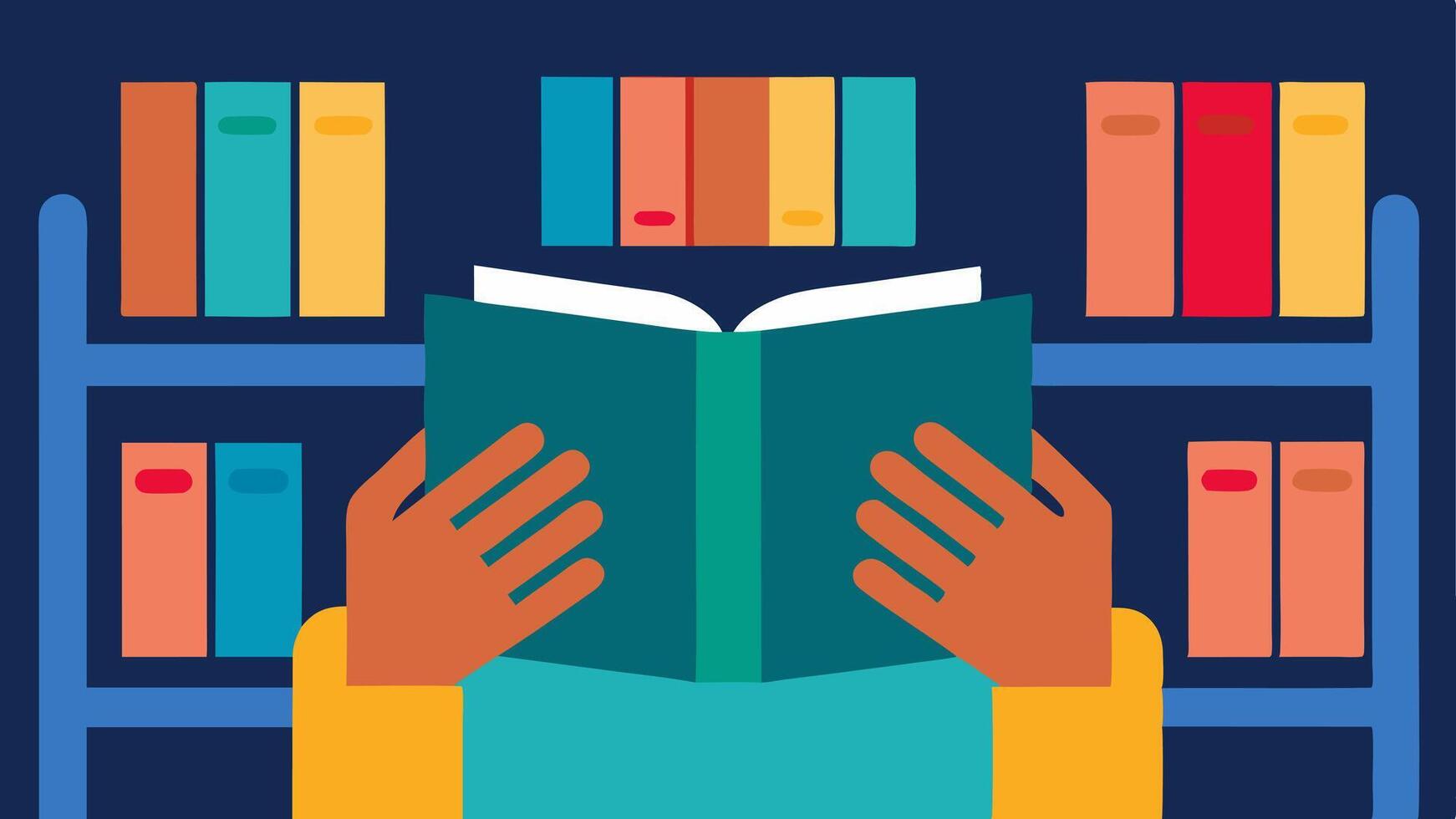 Braille Books A closeup image of a persons hands reading a Braillecovered book while sitting at a reading table surrounded by bookshelves filled with colorful books.. vector