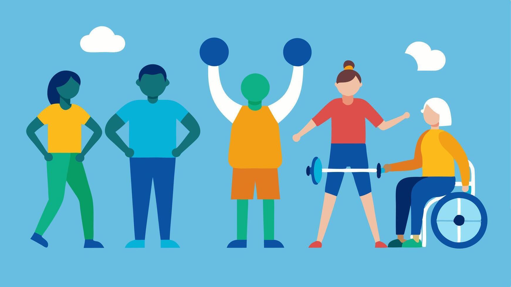 Community Engagement A group of individuals of varying abilities participating in a community fitness event. vector