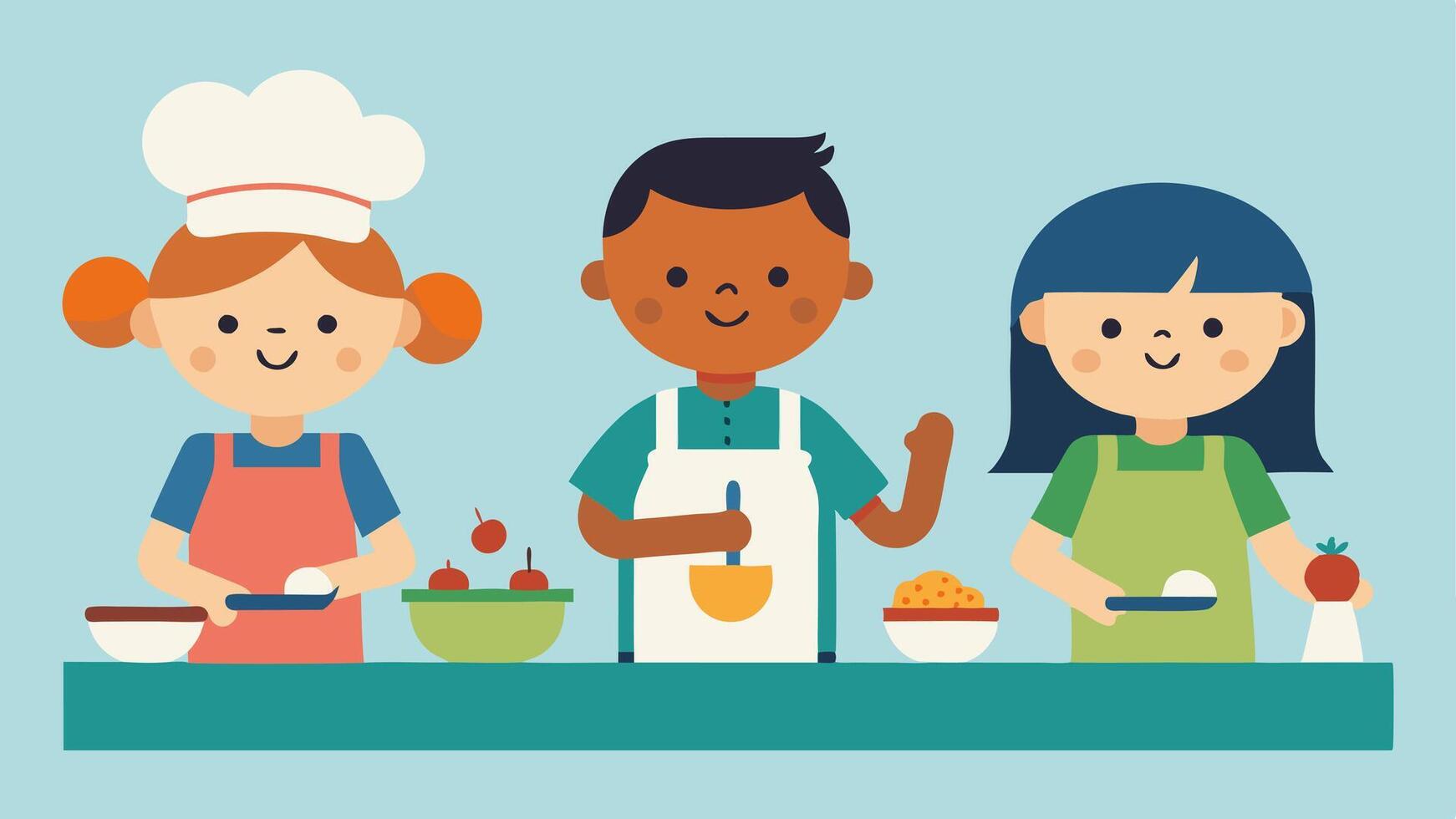 Cooking Class A cooking activity where children are preparing simple snacks using adapted kitchen tools and each child has a designated role in the cooking process.. vector