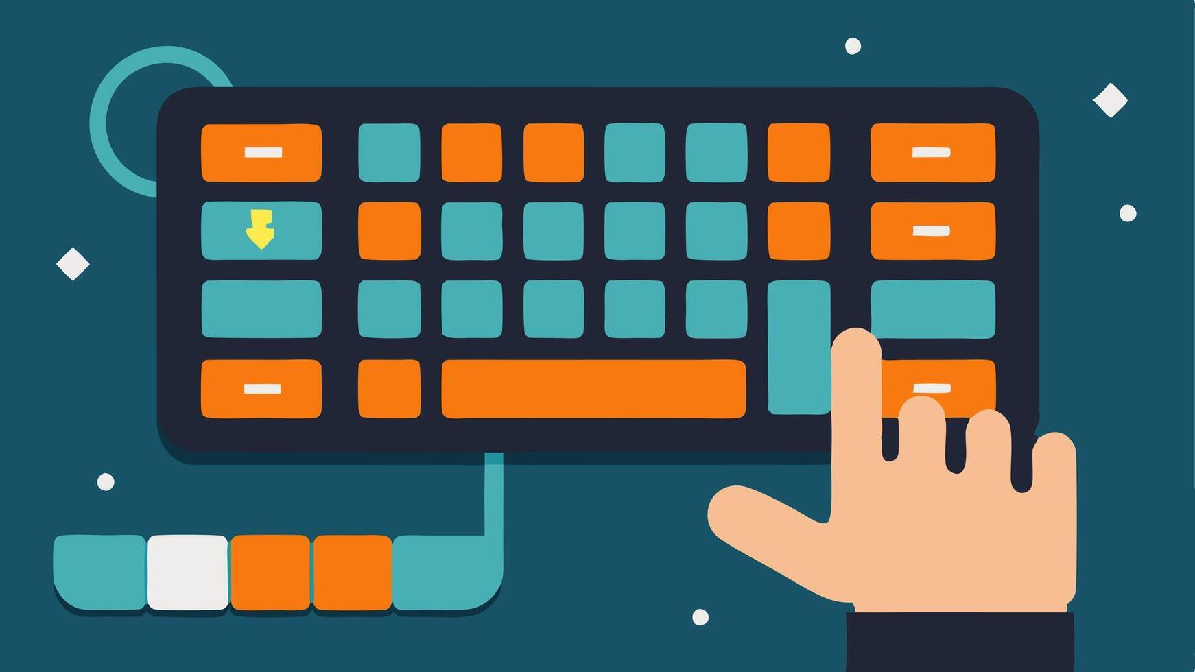 Adaptive Keyboard A closeup of a flexible customizable keyboard where keys are rearranged and labeled differently with a user gently pressing a key that glows in response.. vector