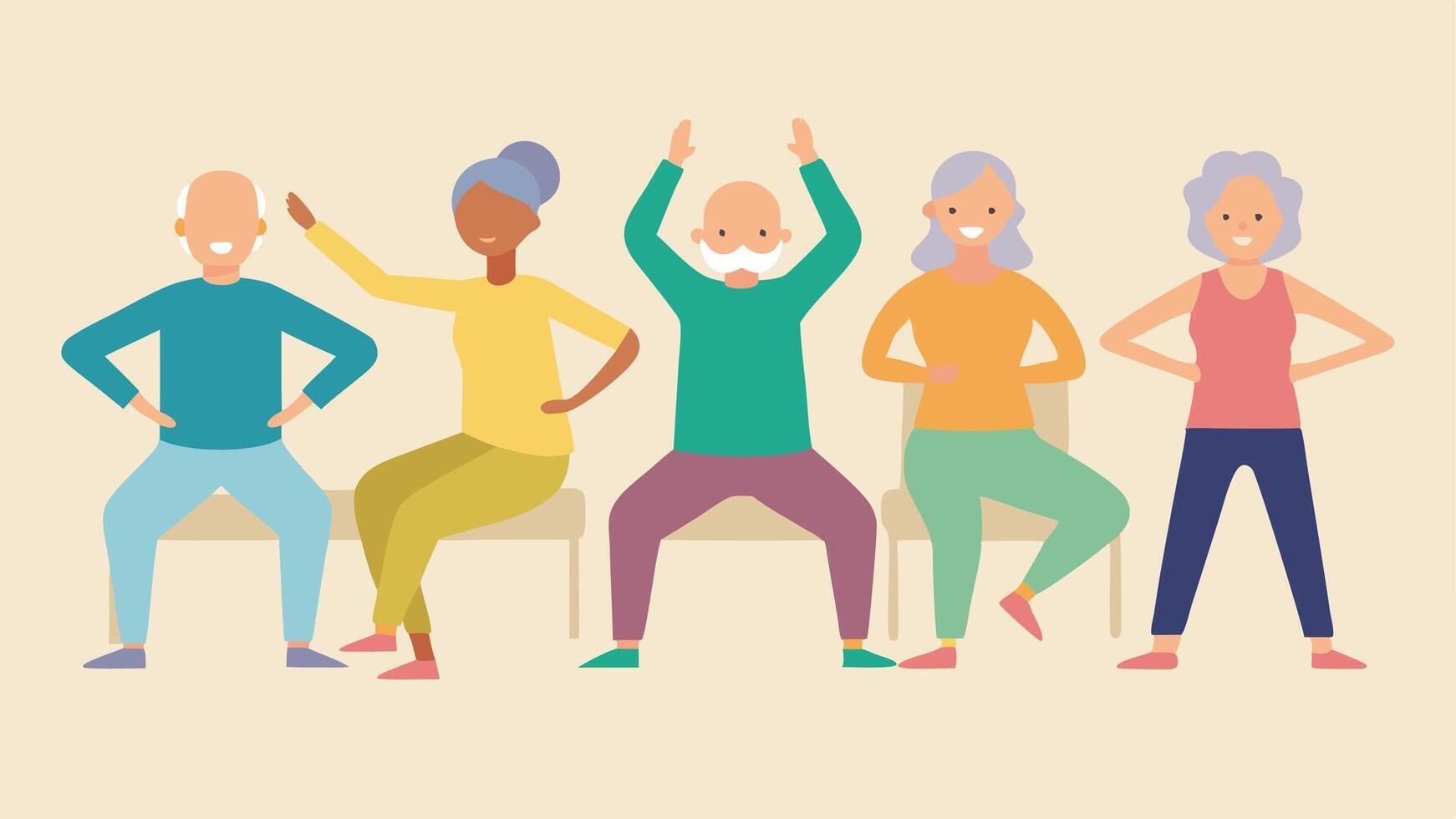 Fitness Class Seniors participating in a gentle exercise class such as chair yoga or tai chi guided by an instructor emphasizing wellbeing and mobility.. vector