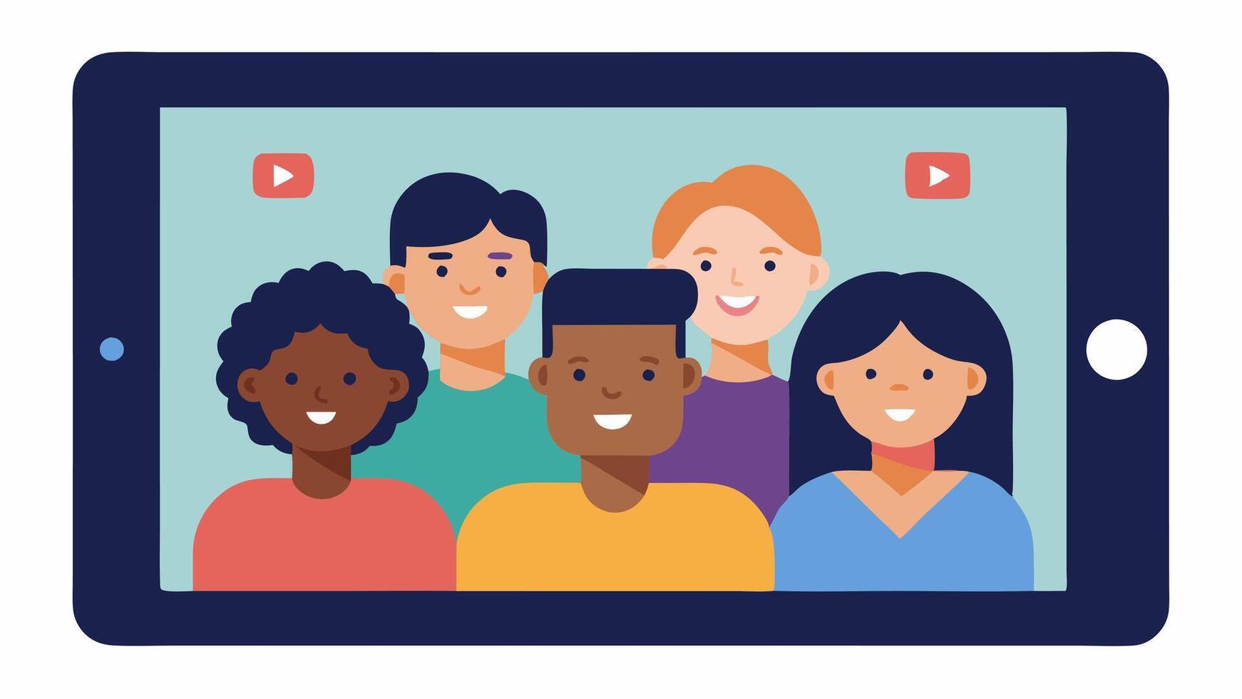 Captioning A social media playing on a tablet with synchronized captions along the bottom. A diverse group of friends watches together representing inclusivity through. vector