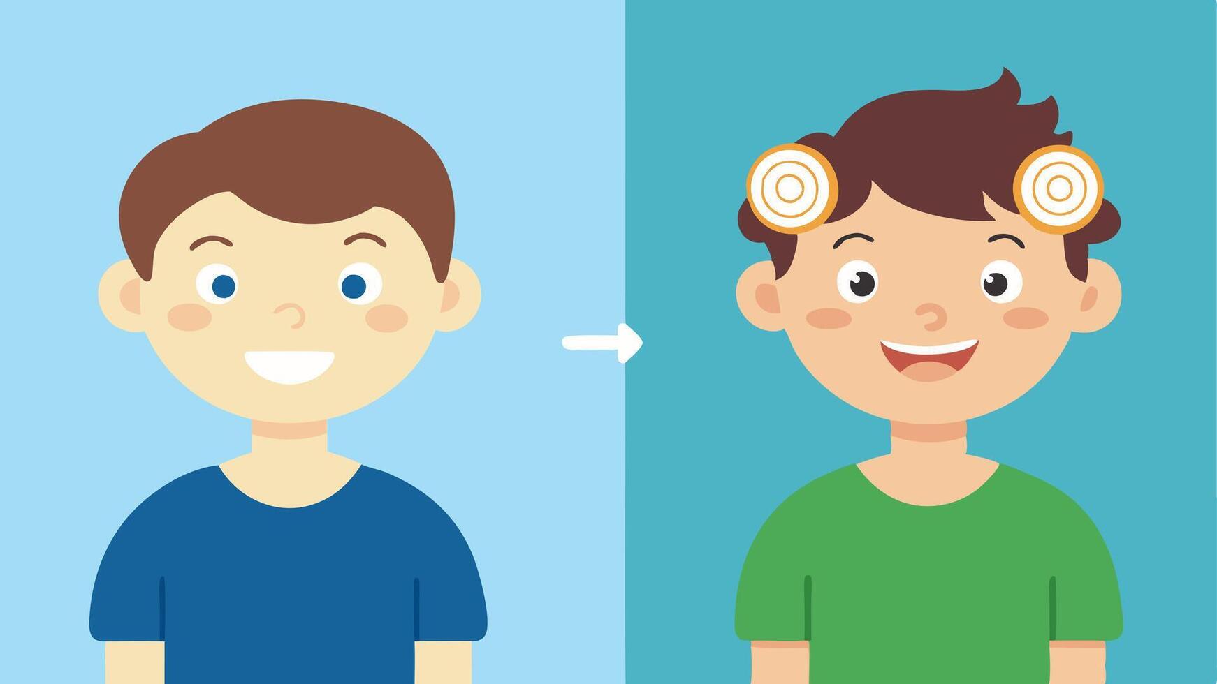 Cochlear Implant Activation A beforeandafter scene showing a child receiving a cochlear implant activation with the contrasting expressions of curiosity and joy.. vector
