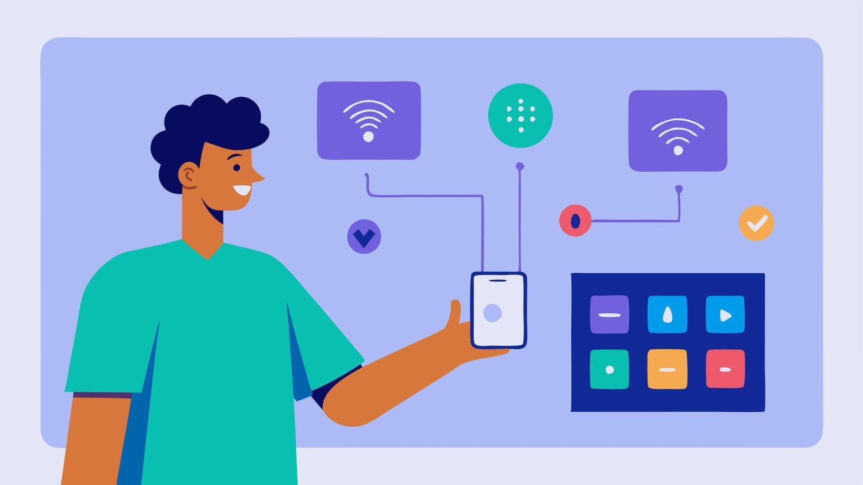 Central Control Hub A person interacting with a smart home control panel that has large clear buttons and voice activation for easier navigation p in a central location of the. vector