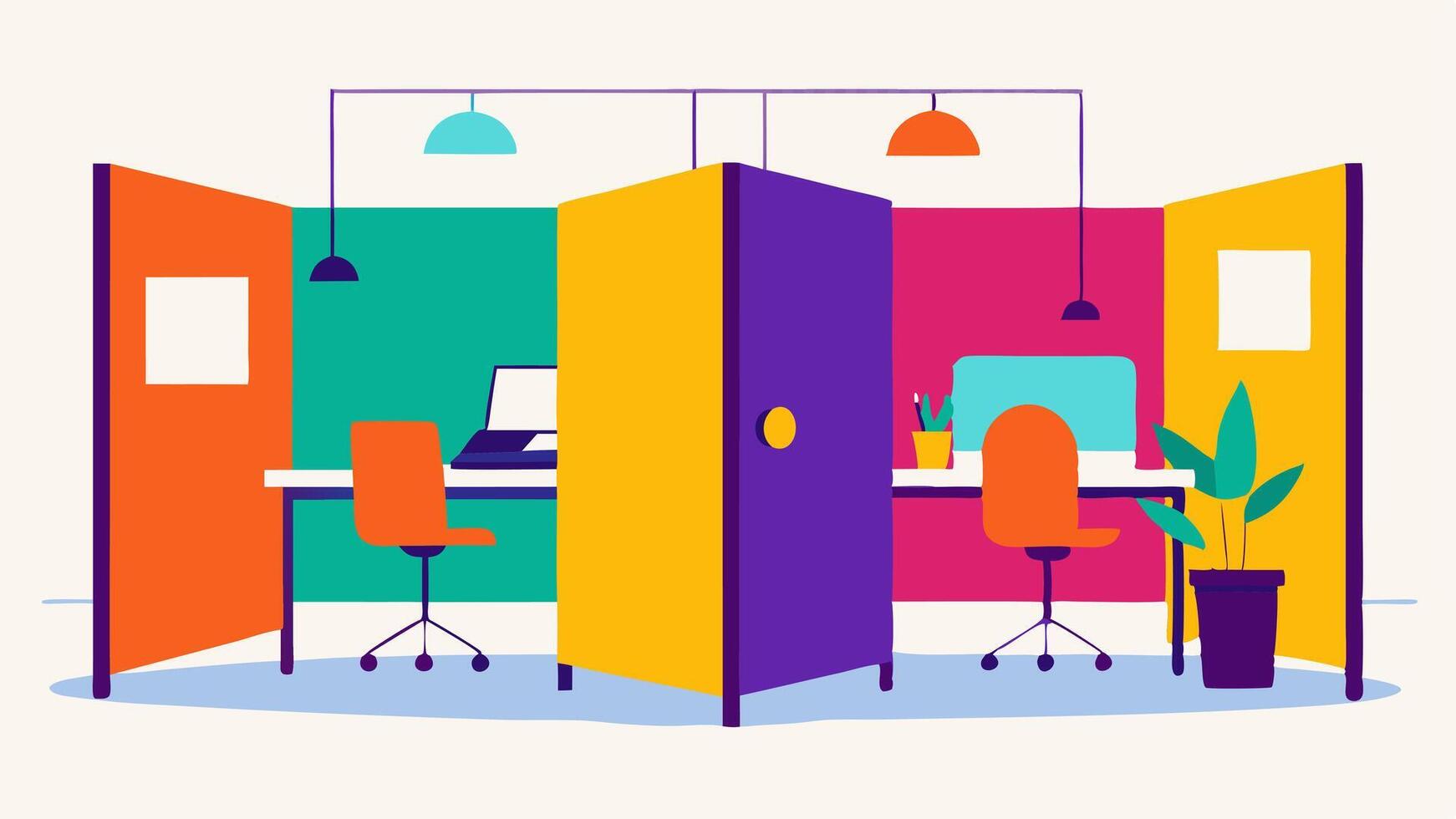 Colorful Workspace Dividers Vibrant movable dividers creating personal spaces in an open office giving a sense of privacy and individuality.. vector