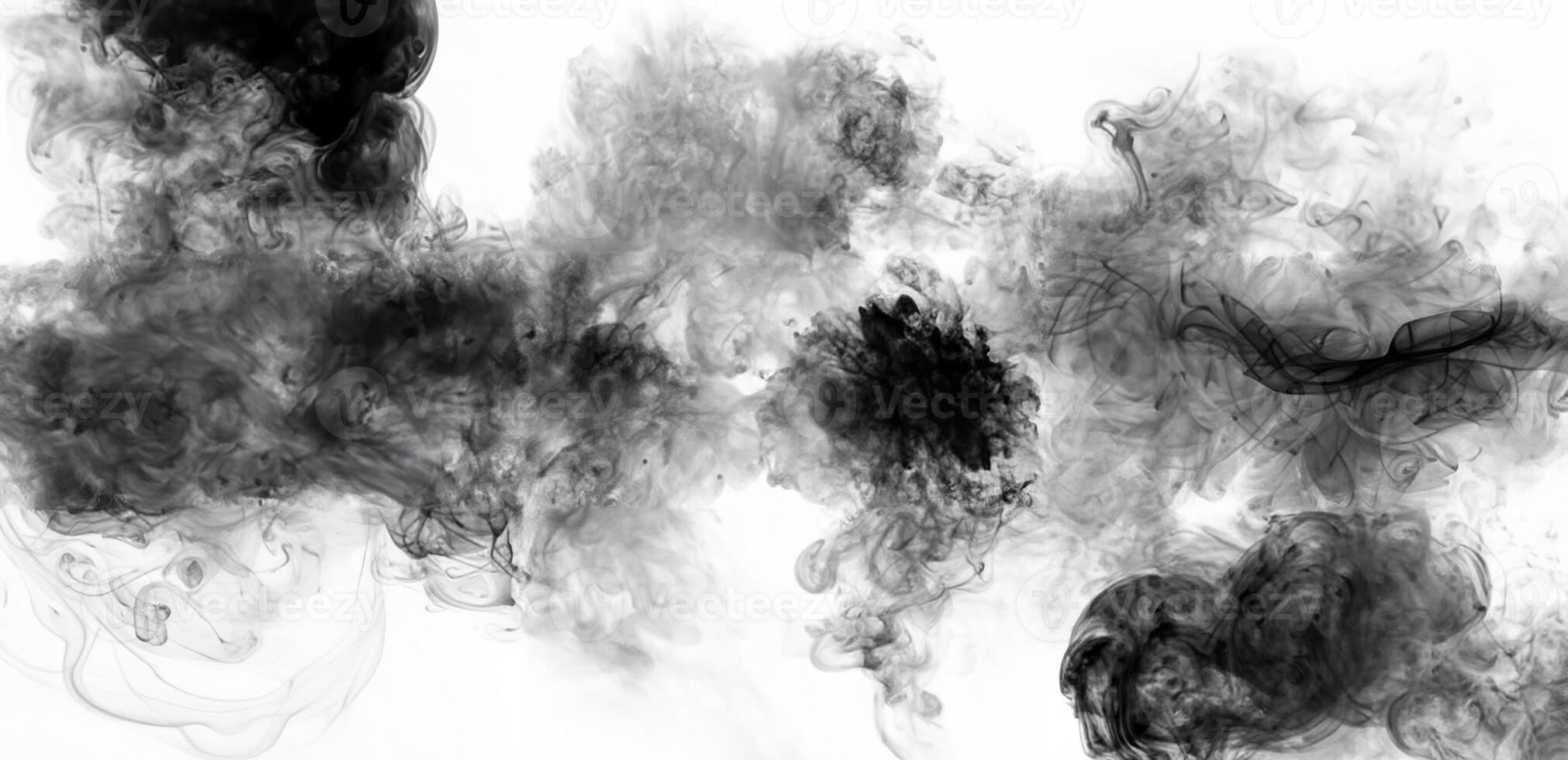 Abstract black smoke or ink cloud forming swirling shapes against a clean white background, perfect for artistic designs or backgrounds. photo