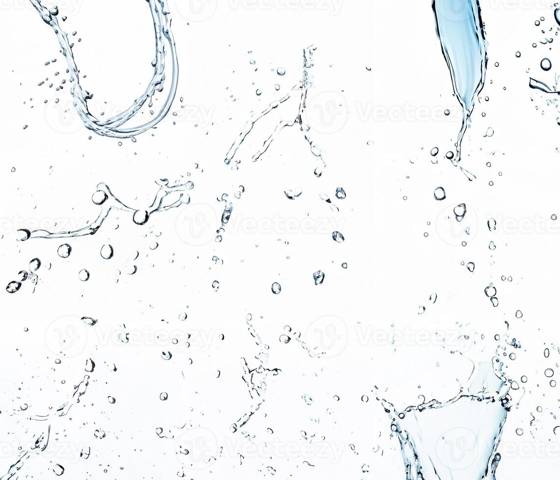 High-speed water droplets suspended in mid-air on a white background, freeze-frame capture. photo