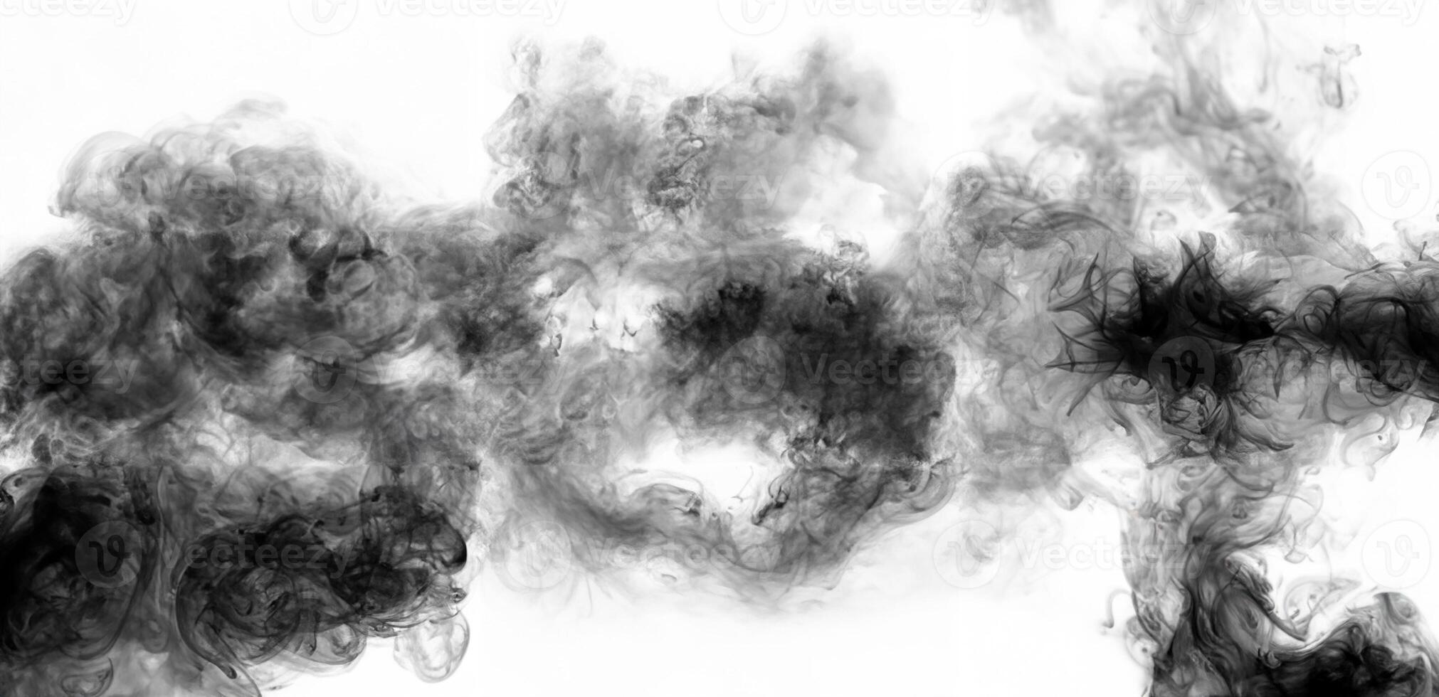 Abstract black smoke or ink cloud forming swirling shapes against a clean white background, perfect for artistic designs or backgrounds. photo