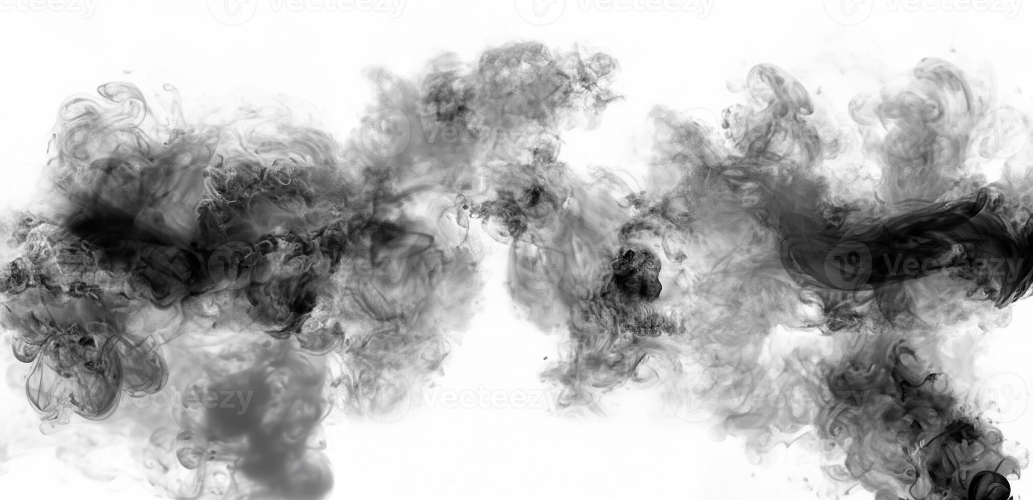 Abstract black smoke or ink cloud forming swirling shapes against a clean white background, perfect for artistic designs or backgrounds. photo