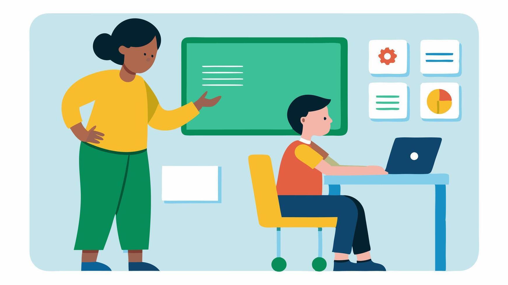 Education Accessibility A classroom setting where a teacher is using an interactive display to teach students with a child using a communication device to participate.. vector