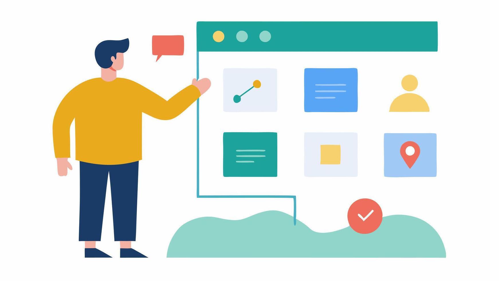 Communication Board A visual board filled with pictures and symbols with a person pointing at a specific image to communicate their needs.. vector