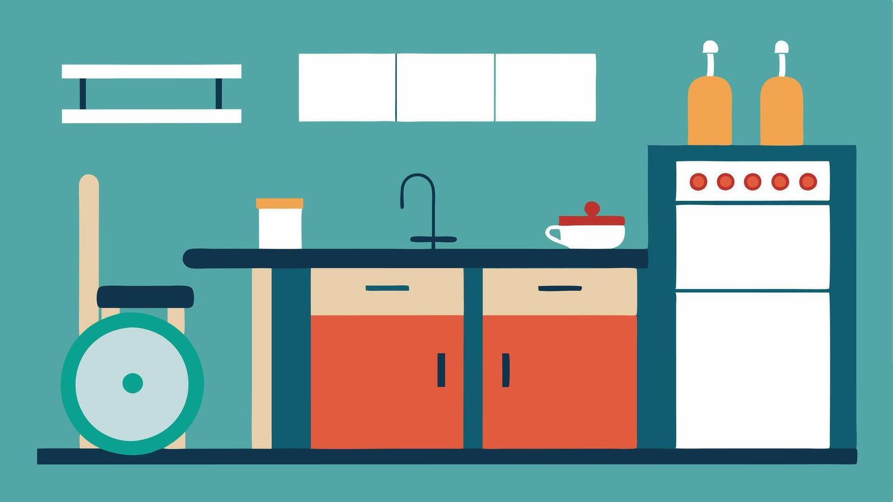 Adjustable Counters A kitchen scene with counters at different heights including a lower section for wheelchair access alongside accessible appliances.. vector
