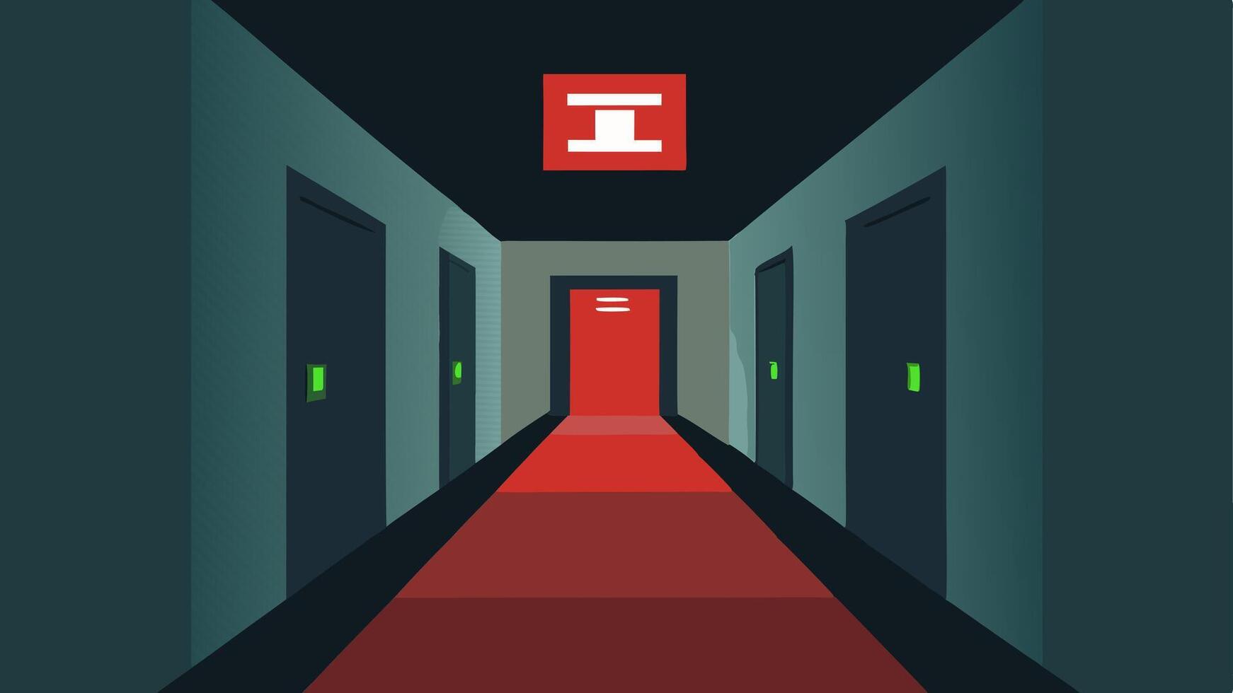 Emergency Exits A marked emergency exit in a corridor with clear signage and illuminated paths to guide residents safely and calmly in case of an emergency.. vector