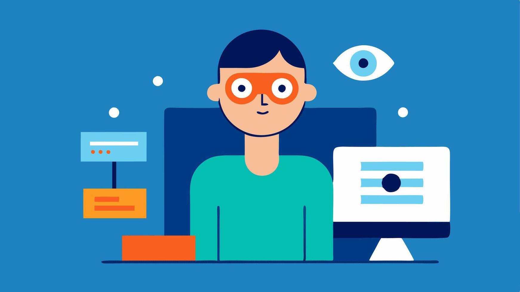 Adaptive Equipment A character demonstrating the use of an eyetracking device to navigate a telehealth appointment on their computer showcasing ease of use for individuals with. vector