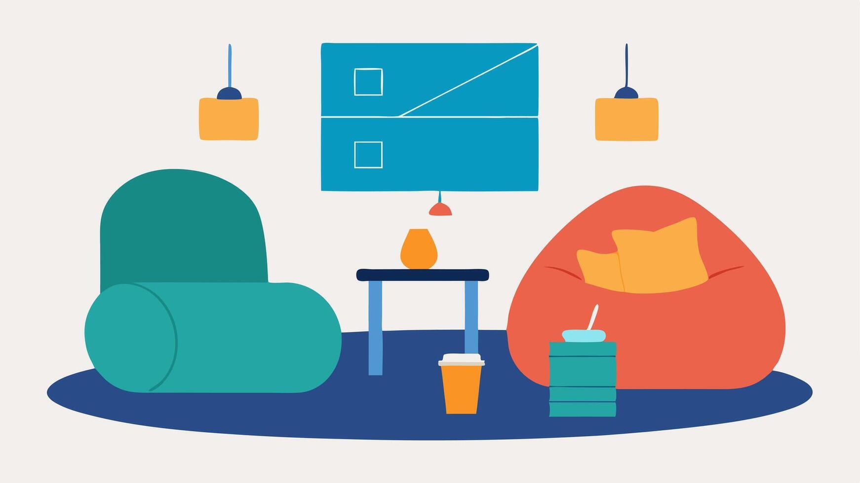 Cozy Seating Options A representation of various seating options including oversized bean bags reclining chairs and blankets arranged in a relaxed moviewatching space.. vector