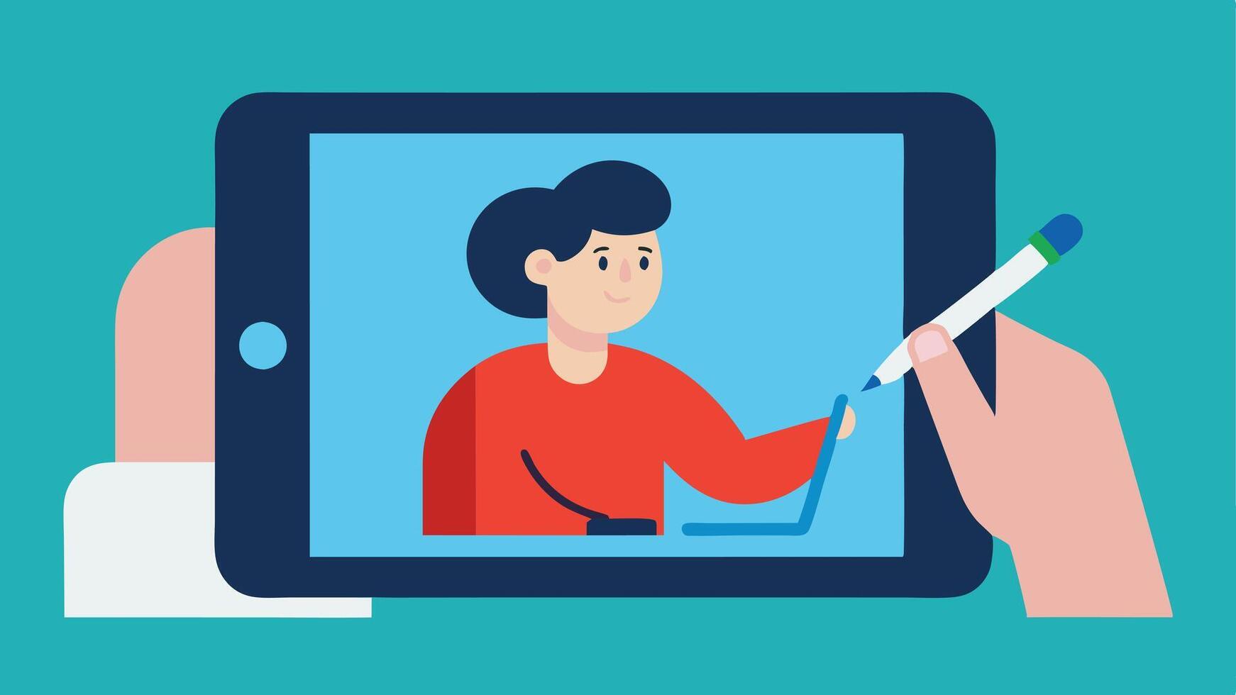Assistive Technology A person with limited dexterity utilizing a stylus on a touchscreen tablet. Assistive software is shown on the screen facilitating a call with a doctor.. vector