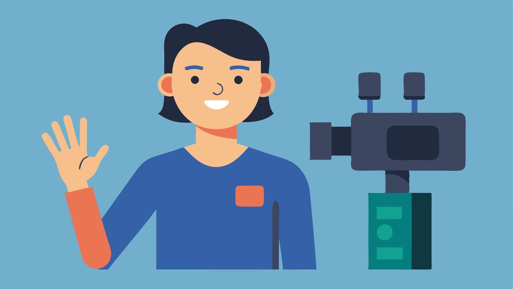 Deaf Journalist Using Sign Language A deaf journalist using sign language to report news in front of a camera with subtitles appearing on the screen for accessibility.. vector