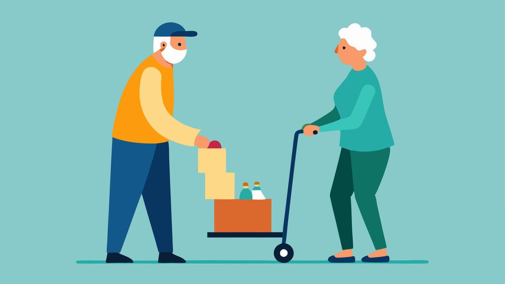 Food Distribution An elderly person with a cane assisting in distributing food packages using a portable cart to help transport items while a volunteer guides them.. vector
