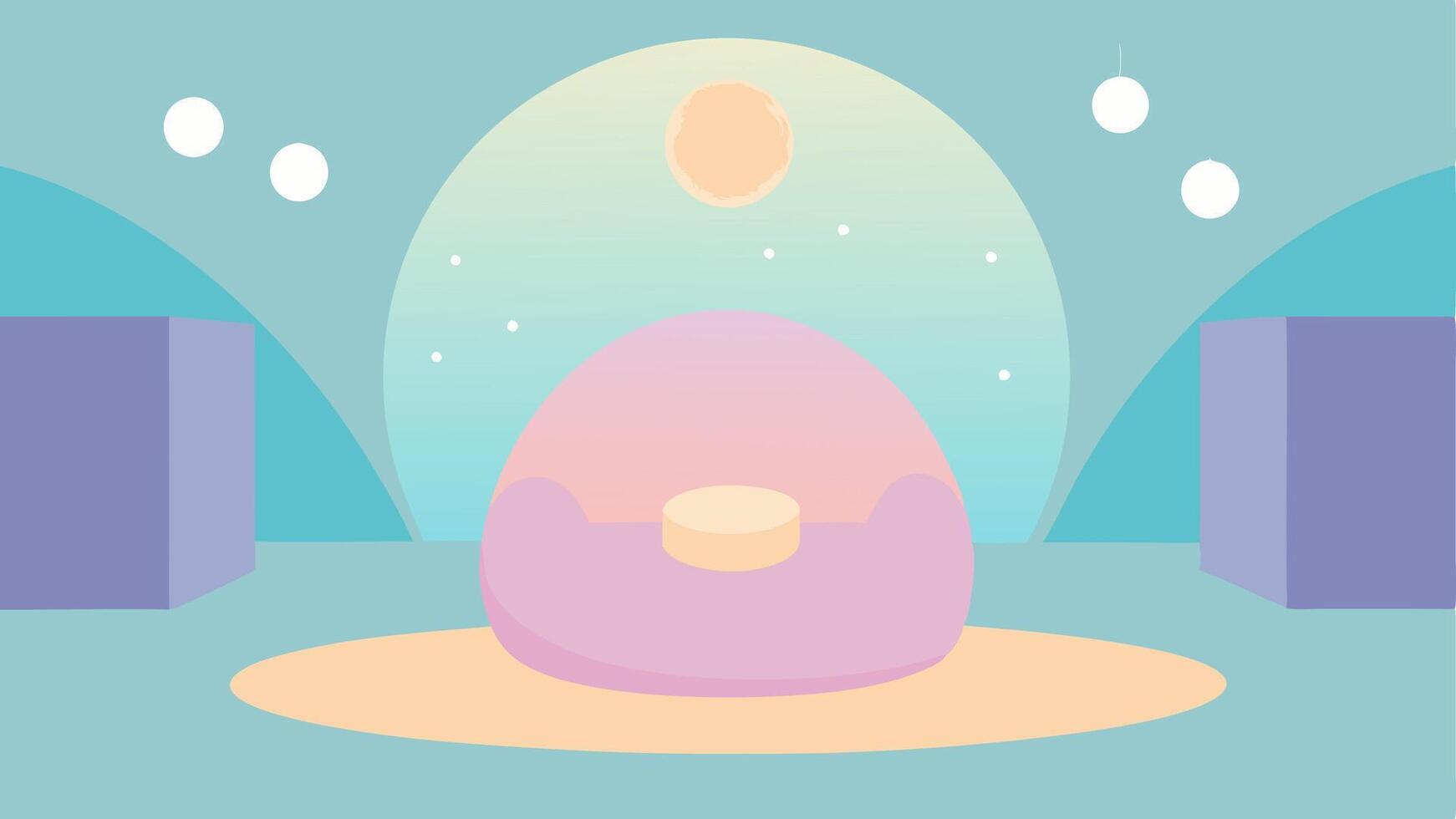 Calm Oasis A serene room filled with soft pastelcolored walls. A large beanbag chair sits in the center surrounded by gently glowing orbs radiating soothing light.. vector