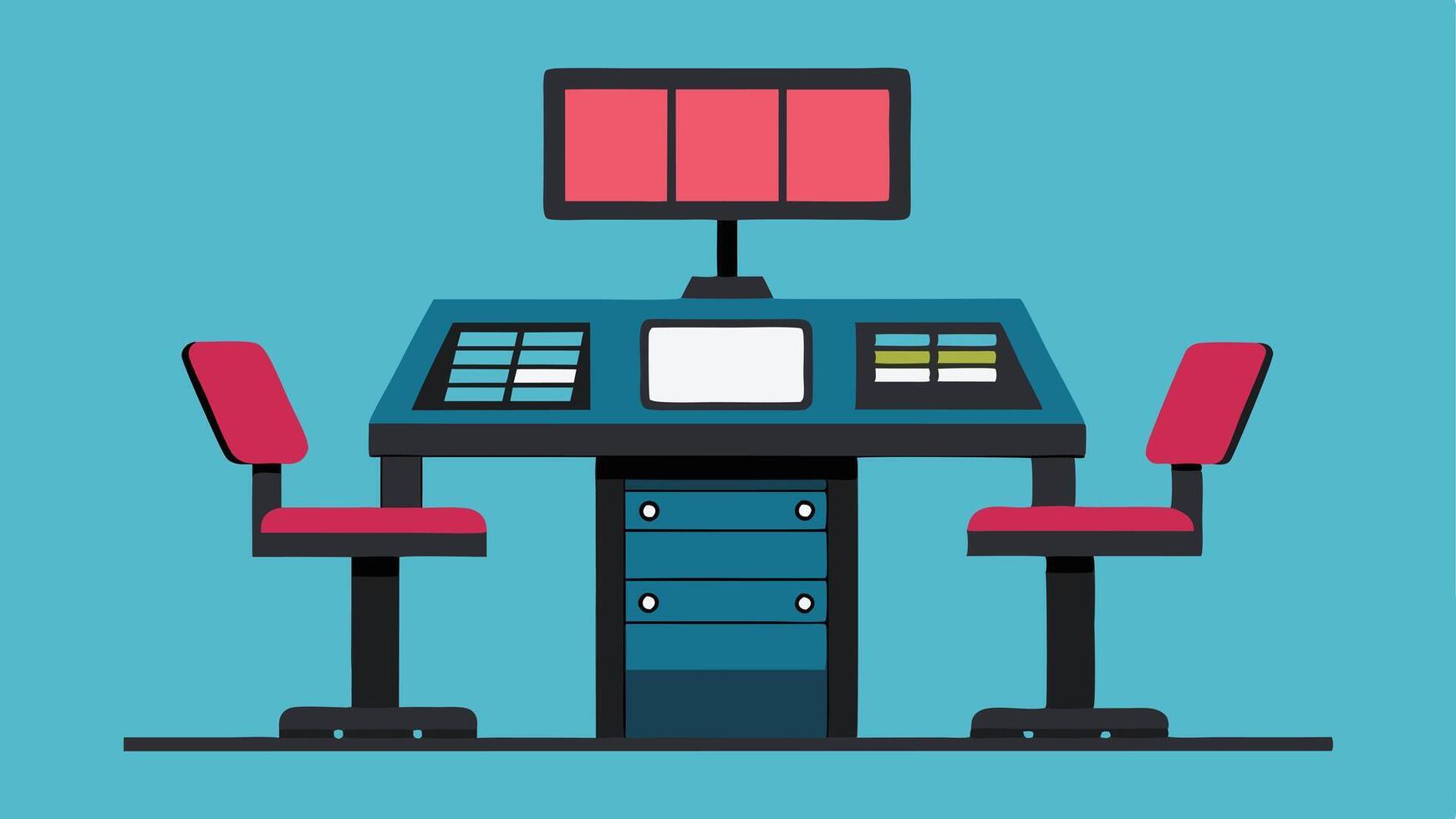 Adapted Workstations An illustration of a media workstation with an adjustableheight desk accommodating seated and standing positions equipped with large monitors and easyaccess. vector