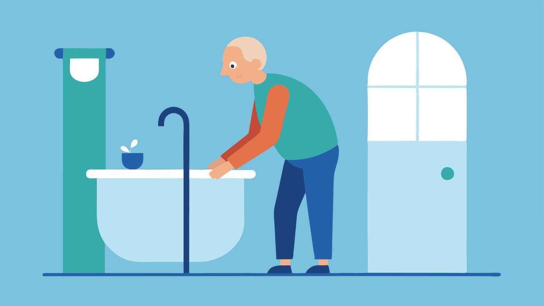 Bathroom Grab Bars An older man safely using grab bars while getting in and out of a bathtub emphasizing safety and security in daily routines.. vector