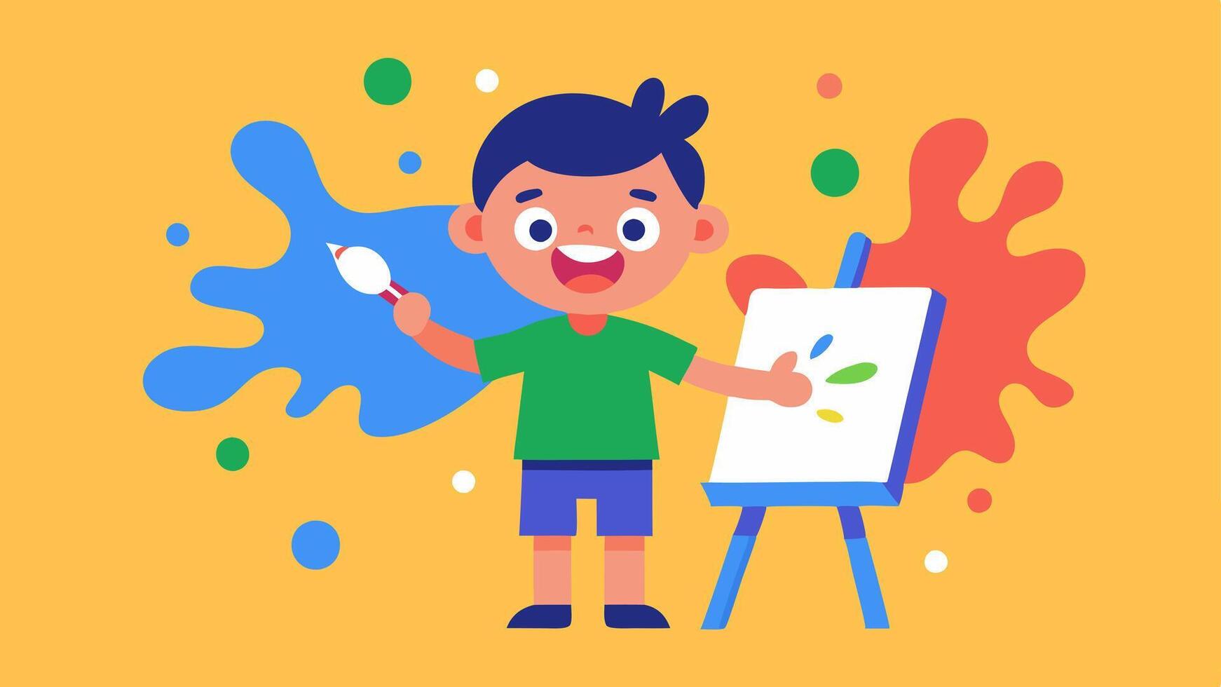 Art and Expression A child joyfully painting on an easel with vibrant splashes of paint and a variety of expressive art supplies around them showcasing creativity and. vector