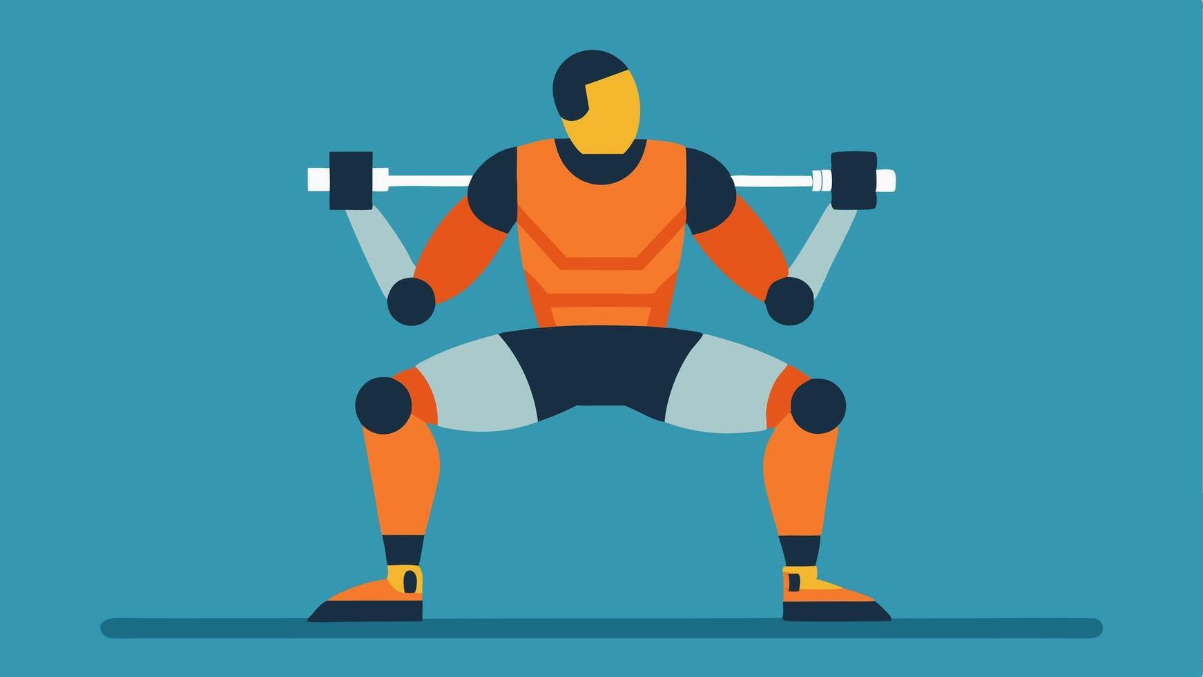 Exercising An athletic individual in a robotic exoskeleton performing squats with the device enhancing their range of motion and strength during the exercise.. vector