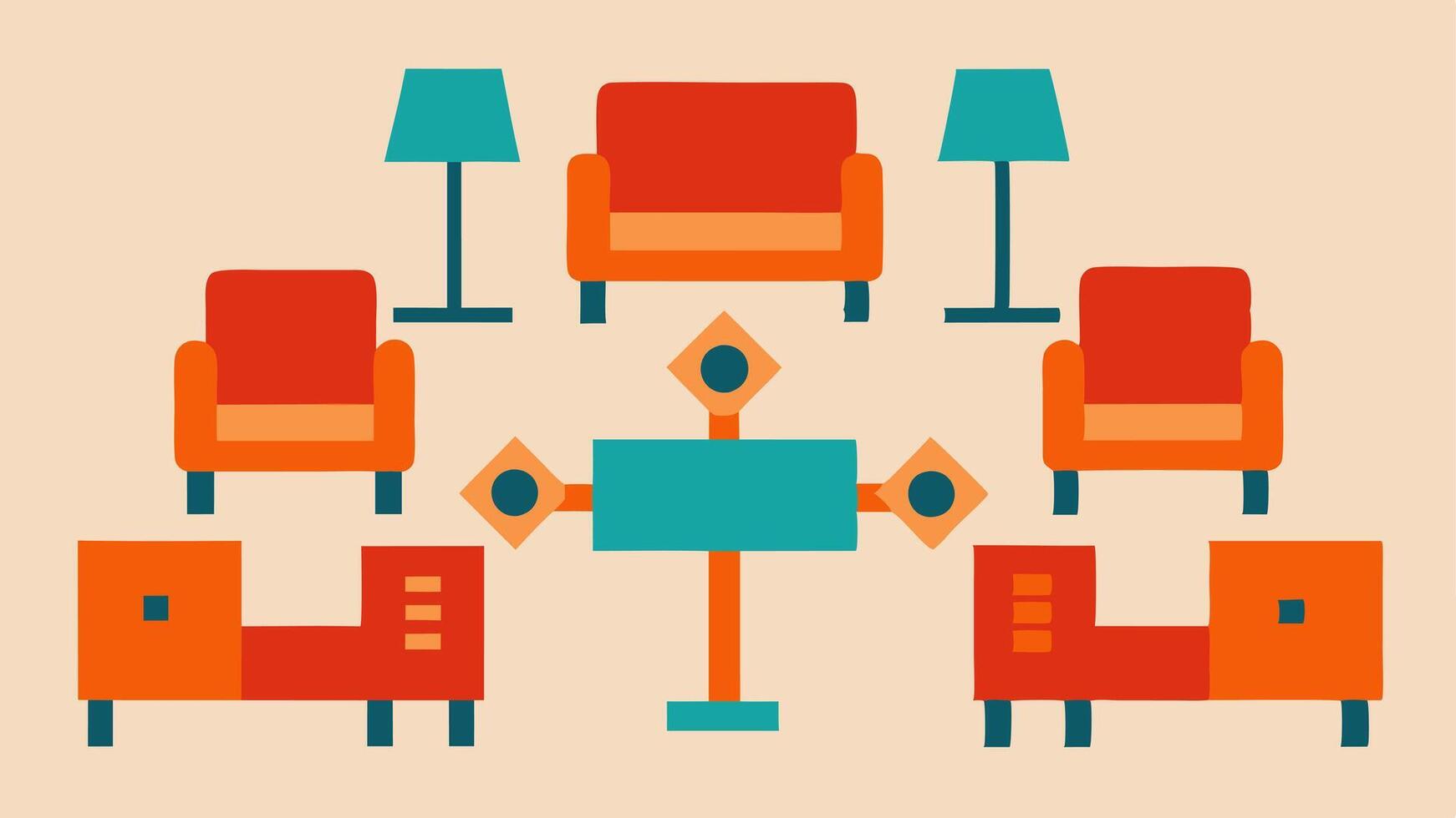 Flexible Furniture Arrangement A living space with movable furniture such as chairs and tables that can be easily rearranged for accessibility.. vector
