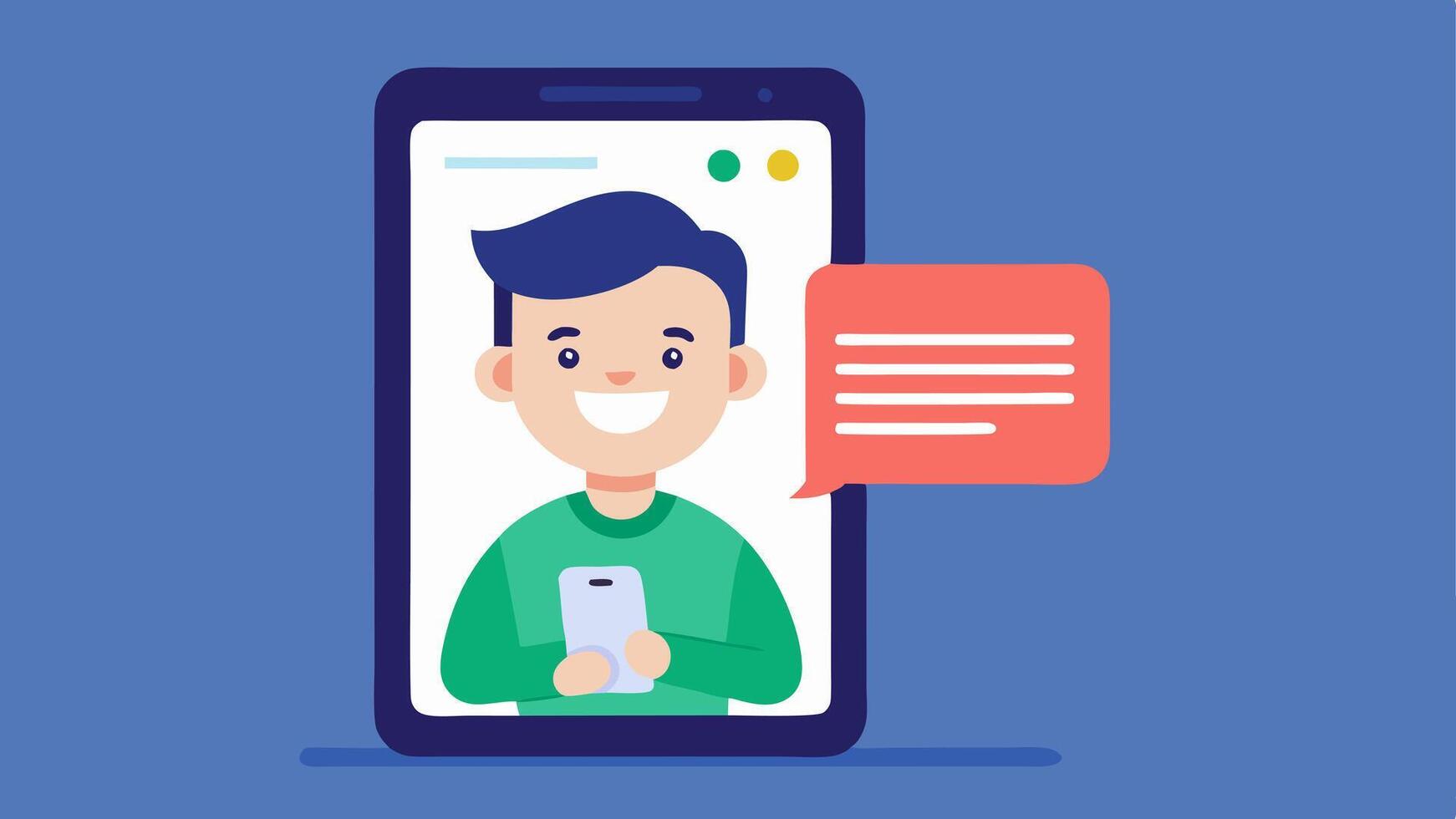 Captioned Post An illustration of a smartphone displaying a social media post with a clear caption at the bottom. A person is shown smiling while reading the post highlighting the. vector