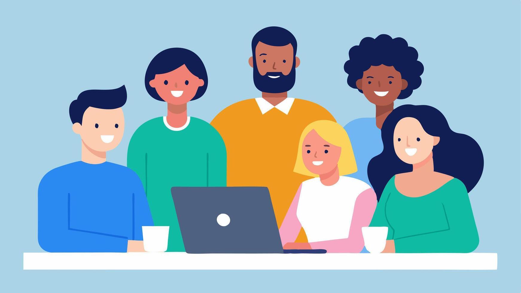 Diverse Team A group of people of various ethnicities and abilities gathered around a table smiling and collaborating with a laptop open displaying a hiring platform.. vector