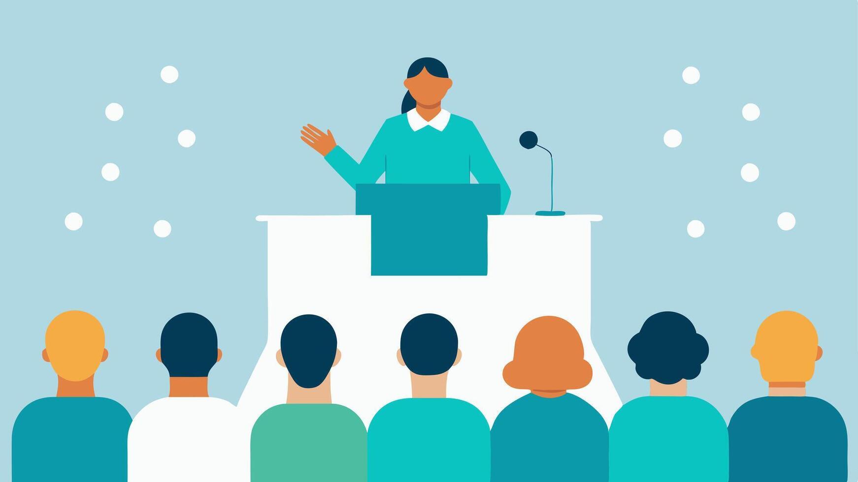 Accessibility Event A speaker at a podium addressing a crowd with participants using Braille displays to follow along showcasing an inclusive event focused on accessibility.. vector