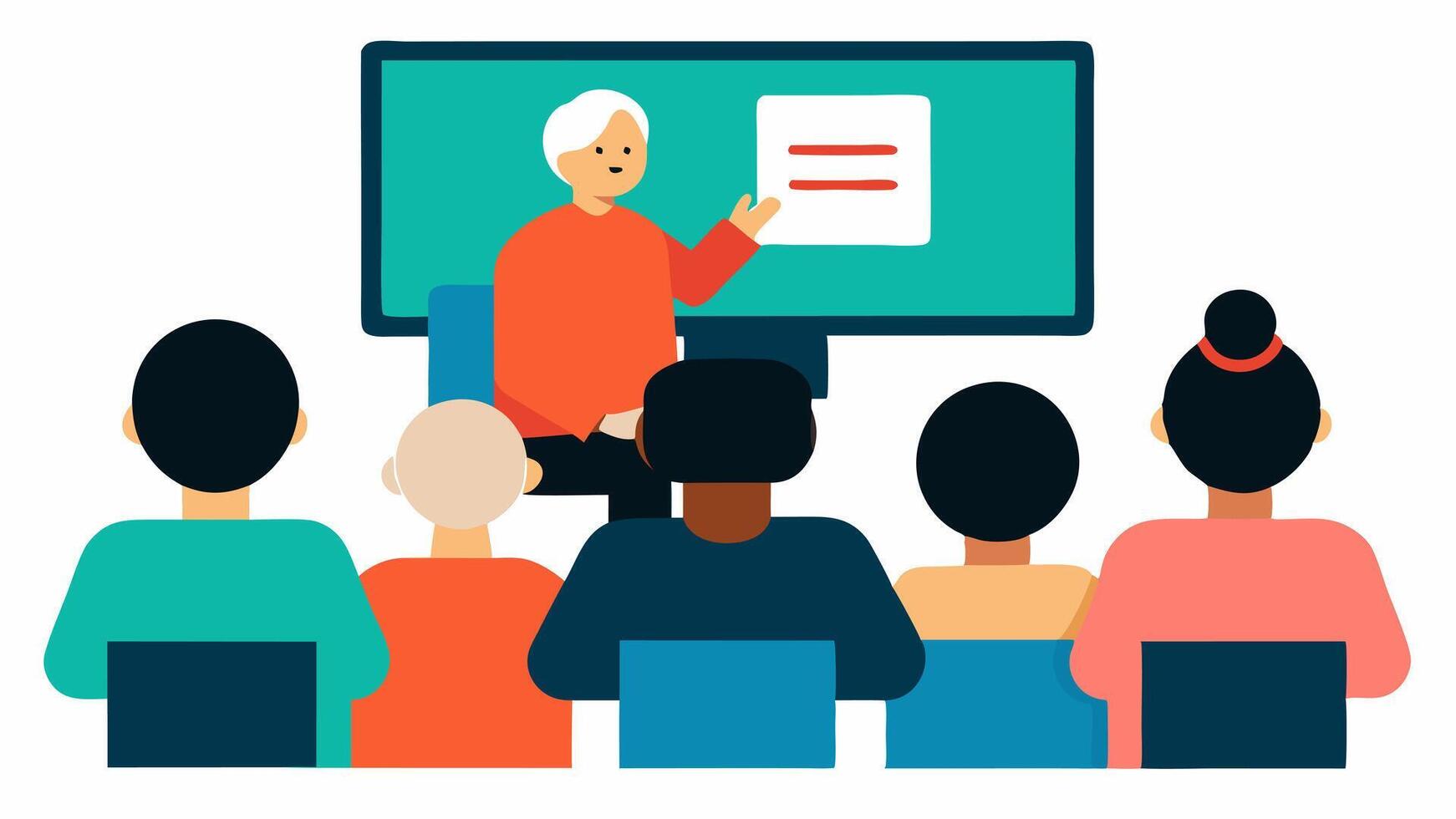 Community Digital Workshop A diverse group attending a workshop on digital accessibility with a presenter showing the audience key features like screen readers and color contrast. vector