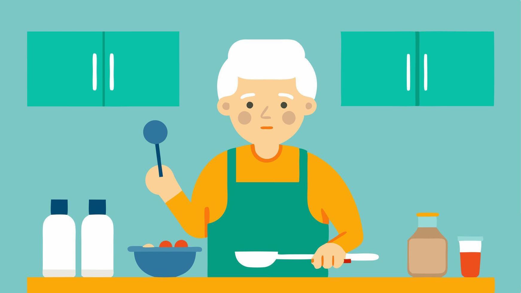 Adaptive Kitchen Tools An older person in a kitchen using adaptive kitchen tools like ergonomic utensils while preparing a meal depicting independence and active living.. vector