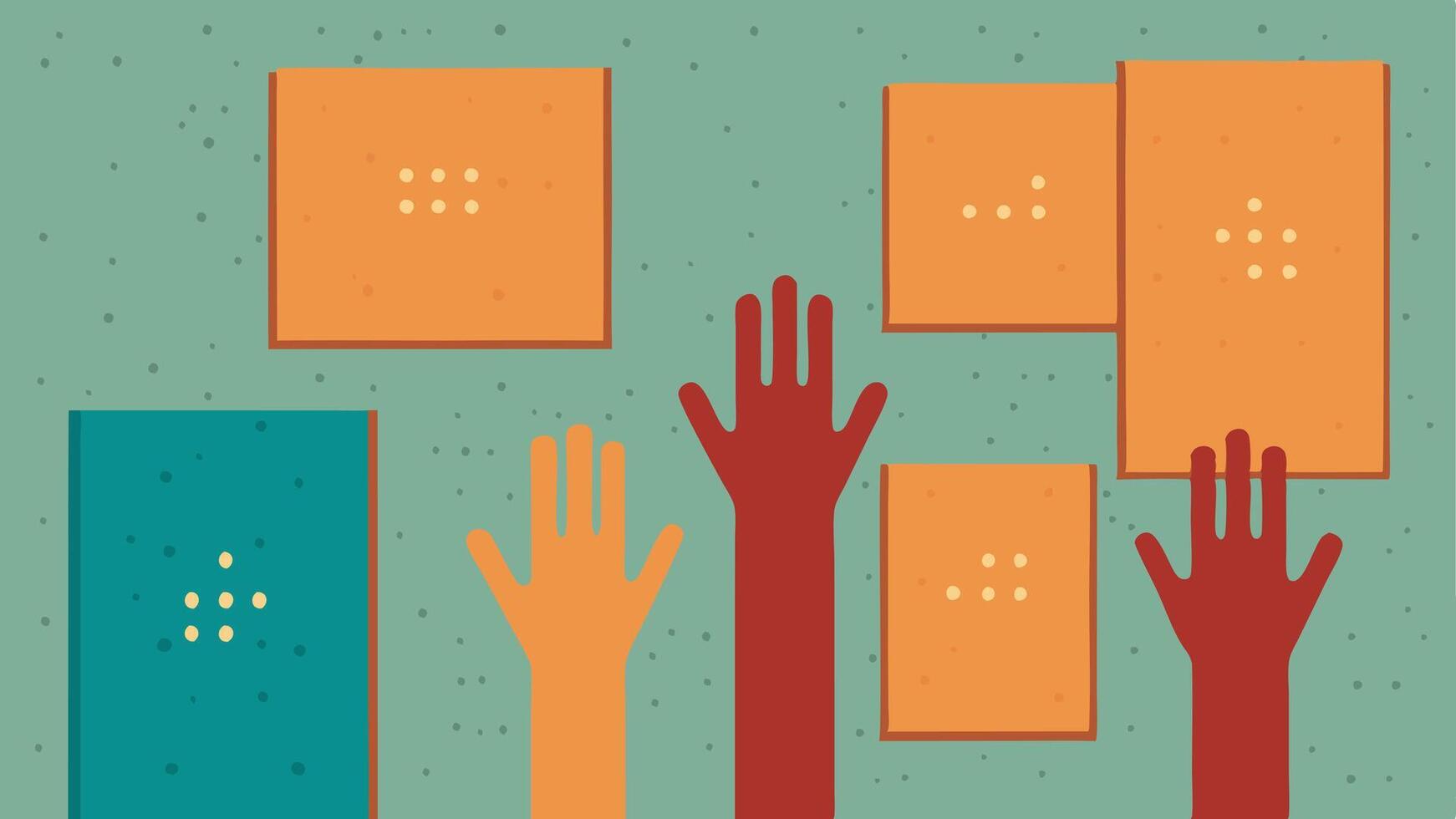 Braille Wall Panels A series of textured wall panels featuring raised shapes and Braille text encouraging touch and exploration. Hands reaching out to feel the varying textures.. vector