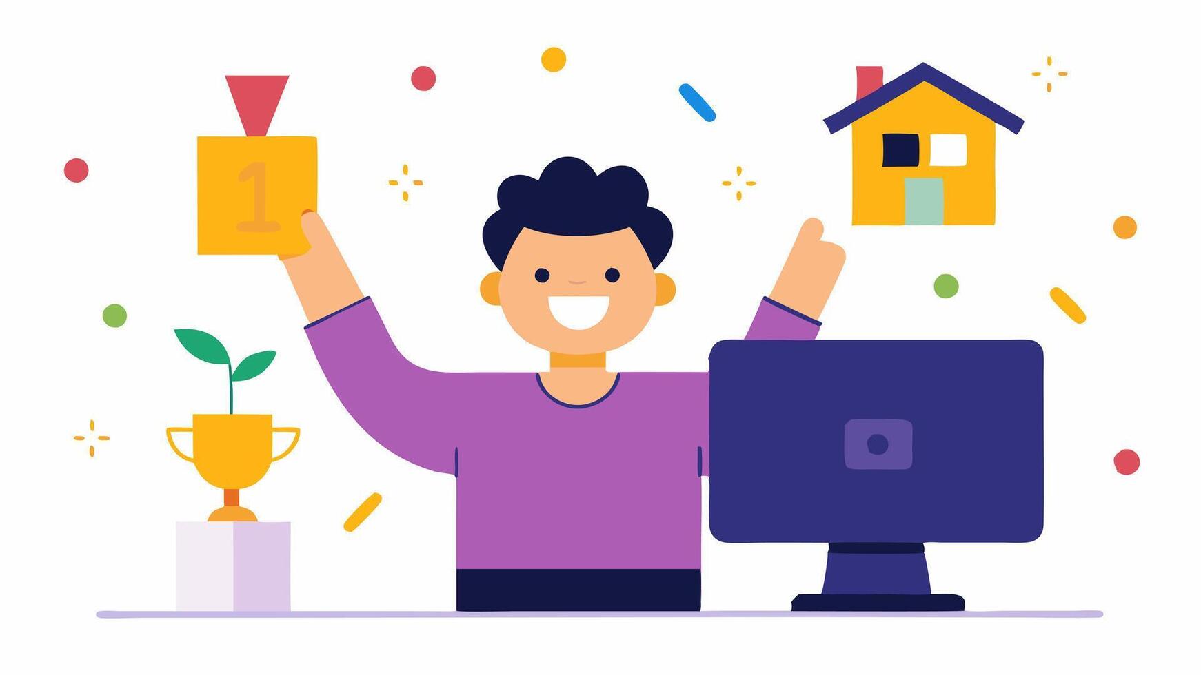 Celebrating Achievements A cheerful illustration of a home office where a person receives a virtual award or acknowledgment with confetti appearing on the screen celebrating their. vector