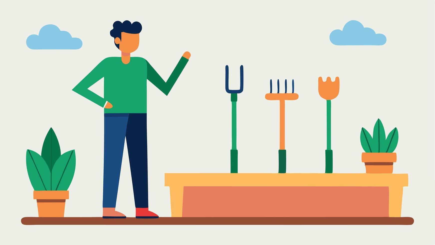 Adaptive Tools A collection of adaptive gardening tools including ergonomic handles and longreach grabbers displayed on a wooden table beside a garden bed with a gardener preparing. vector