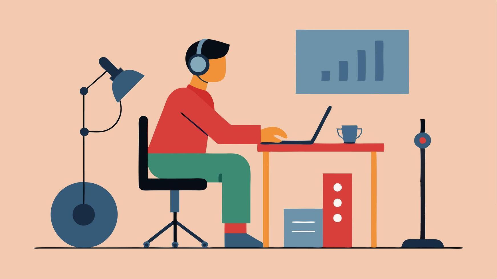 Accessible Audio Recording An illustration of a sound recording booth with a person using adaptive audio equipment like pedal controls and a microphone at a height suitable for. vector