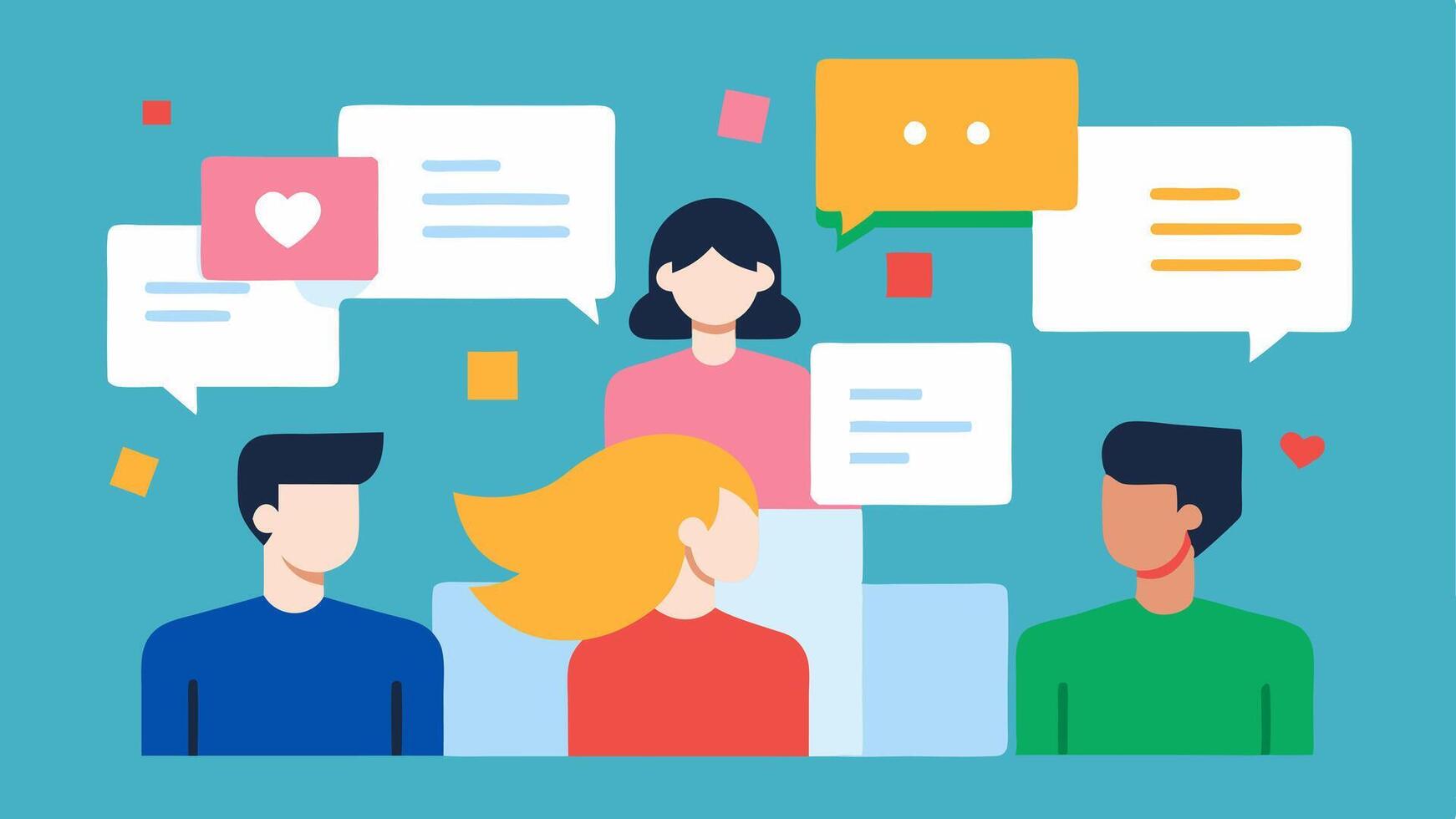 Digital Discussion Board An illustration of a bulletin board filled with sticky notes of advice messages and questions about mental health with people engaging in discussion. vector