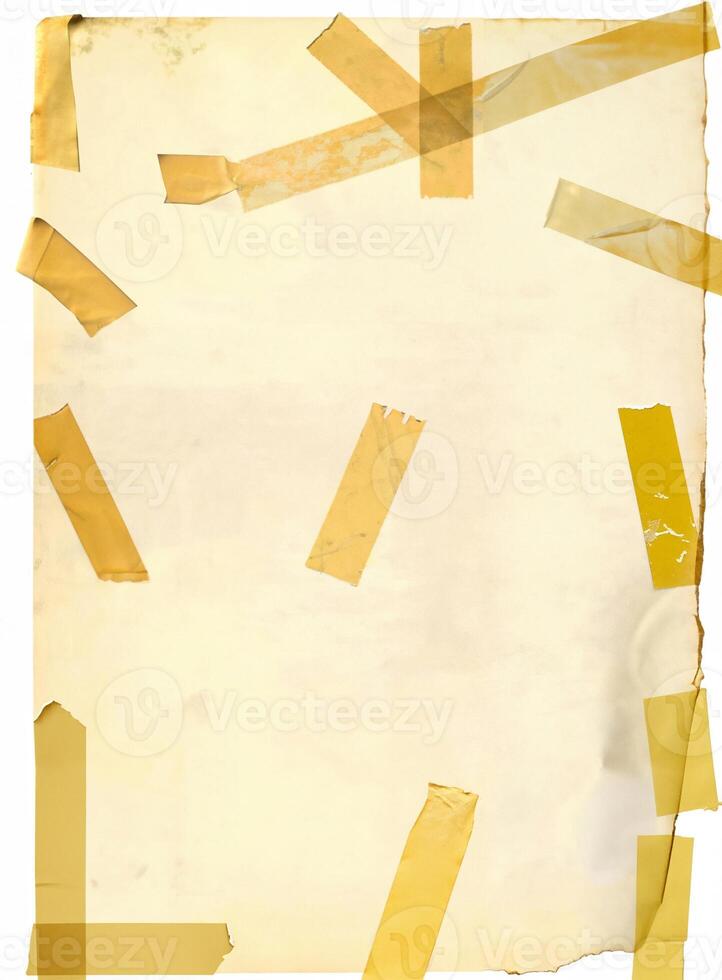 Old worn paper with yellowed tape marks, distressed edges, and faded texture, perfect for vintage background or design use. photo
